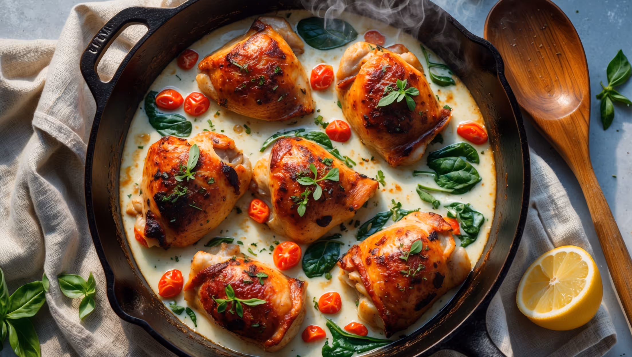 An overhead shot of a rustic cast-iron skillet filled with golden-brown chicken thighs nestled in a creamy sauce flecked with bright red sun-dried tomatoes and vibrant green spinach. The sauce bubbles slightly around the edges where it has caramelized, creating a beautiful contrast against the white creamy interior. Golden afternoon light catches the herbs sprinkled on top, highlighting the aromatic basil and oregano. A wooden serving spoon rests alongside the pan on a textured linen cloth, while scattered fresh herbs and a halved lemon suggest the bright, Mediterranean flavors of the dish. Steam rises gently from the hot skillet, carrying the enticing aroma of roasted garlic and Italian herbs.