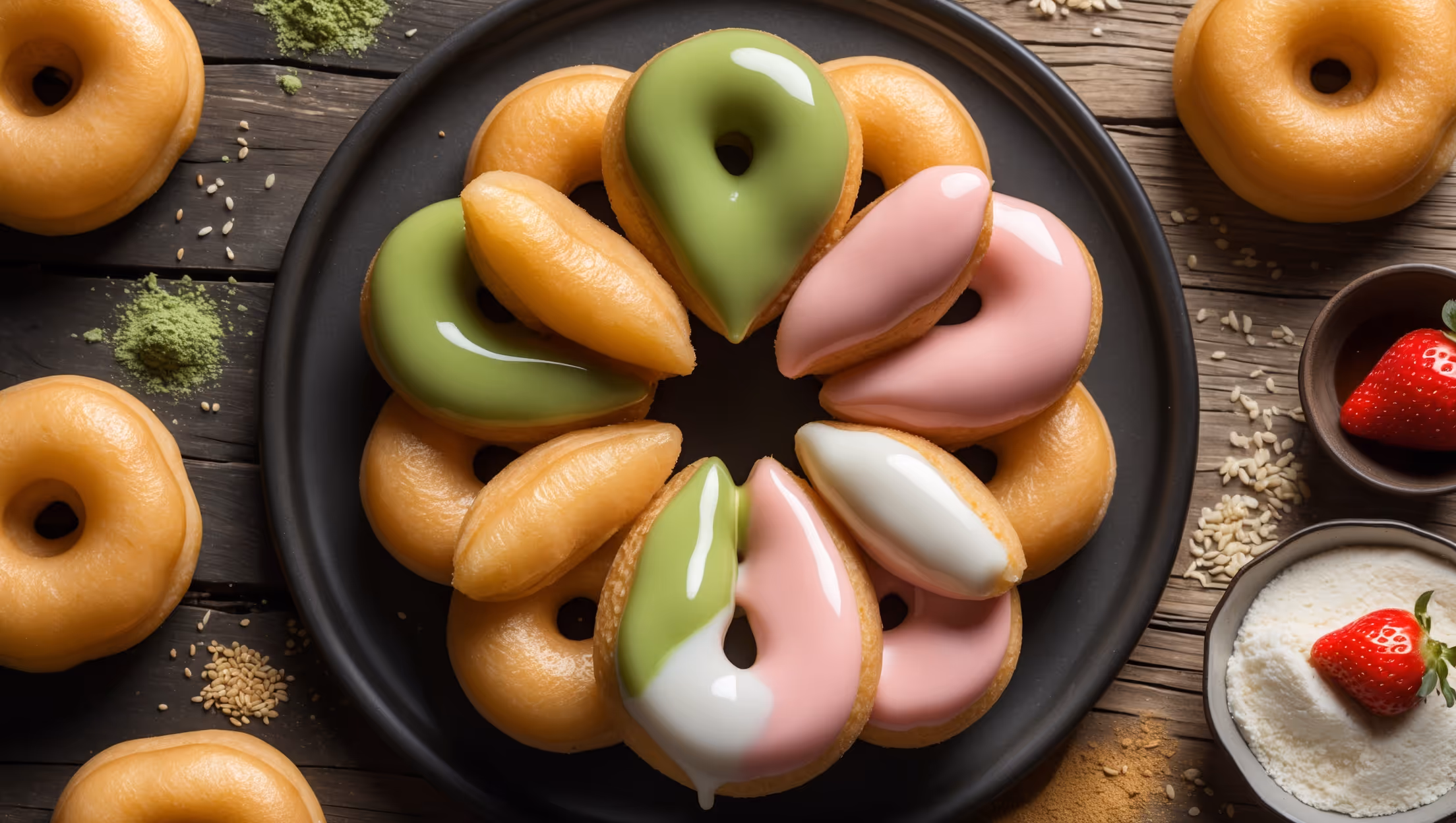 An overhead shot of perfectly golden mochi donuts arranged in a circular pattern on a matte black ceramic plate, their distinctive connected bubble shape creating an artistic flower-like appearance. Soft natural light streams in from the side, highlighting the glossy, just-set glaze that drips slightly over the crisp edges. Close-ups reveal the contrast between the shiny pastel-colored glazes—matcha green, strawberry pink, and vanilla white—against the golden-brown exterior. The donuts' unique chewy interior is visible in one cross-section shot, showing the stretchy, mochi-like texture that pulls apart when broken. Scattered on the rustic wooden table are tiny specks of toasted sesame seeds and bits of glutinous rice flour, with a small bowl of matcha powder and sliced strawberries hinting at the flavor inspirations.