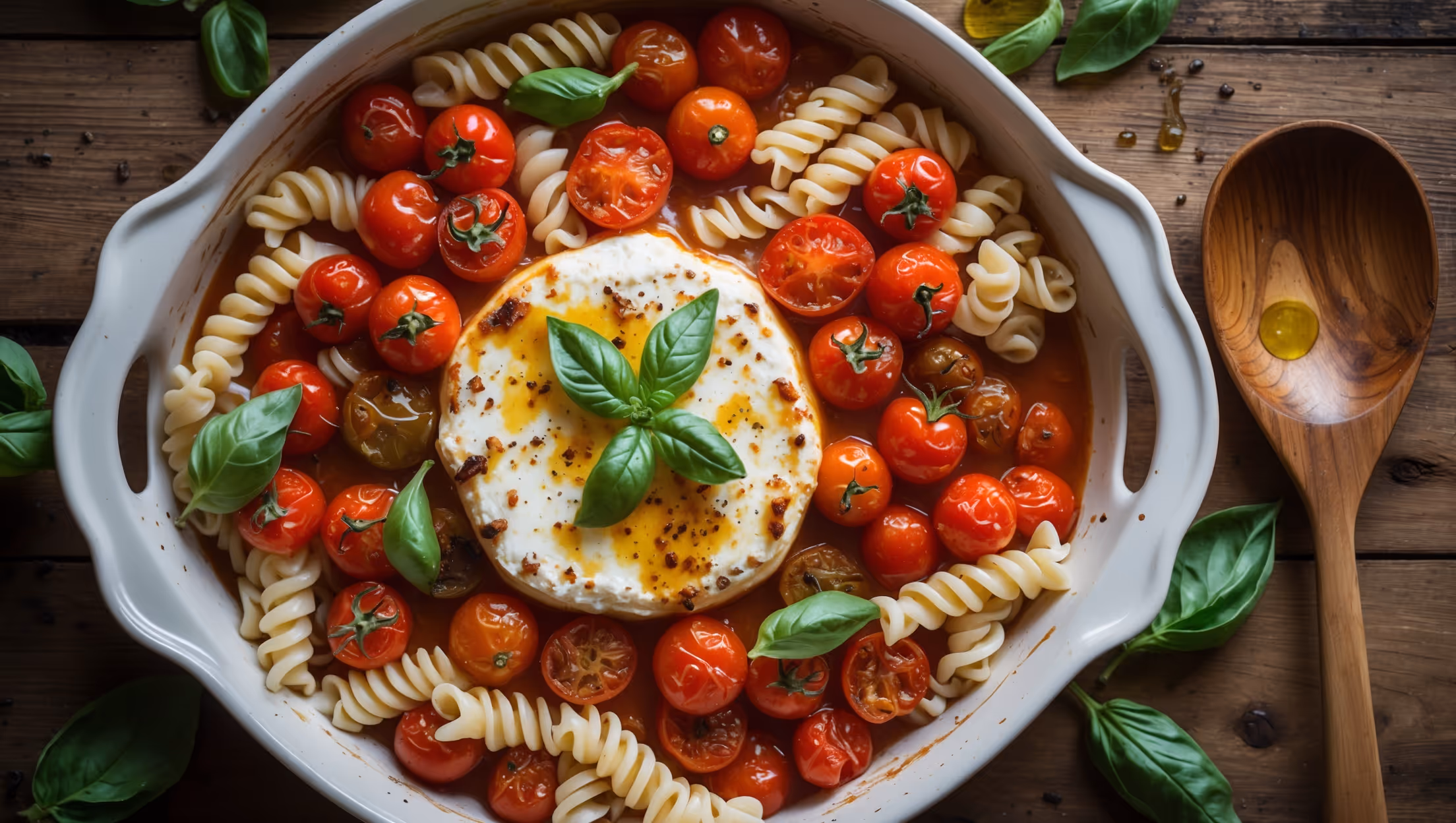 An overhead shot of a ceramic white baking dish filled with caramelized cherry tomatoes surrounding a centerpiece of melted, slightly browned feta cheese, all tossed with perfectly cooked pasta spirals. The dish is captured in soft natural light, highlighting the vibrant red tomato juices intermingling with the creamy white cheese to create a marbled blush sauce coating each pasta piece. Fresh basil leaves are scattered on top, their deep green color providing striking contrast against the rosy sauce. A wooden serving spoon rests alongside the dish on a rustic wooden table, with olive oil droplets glistening on the surface and a subtle dusting of cracked black pepper visible throughout.
