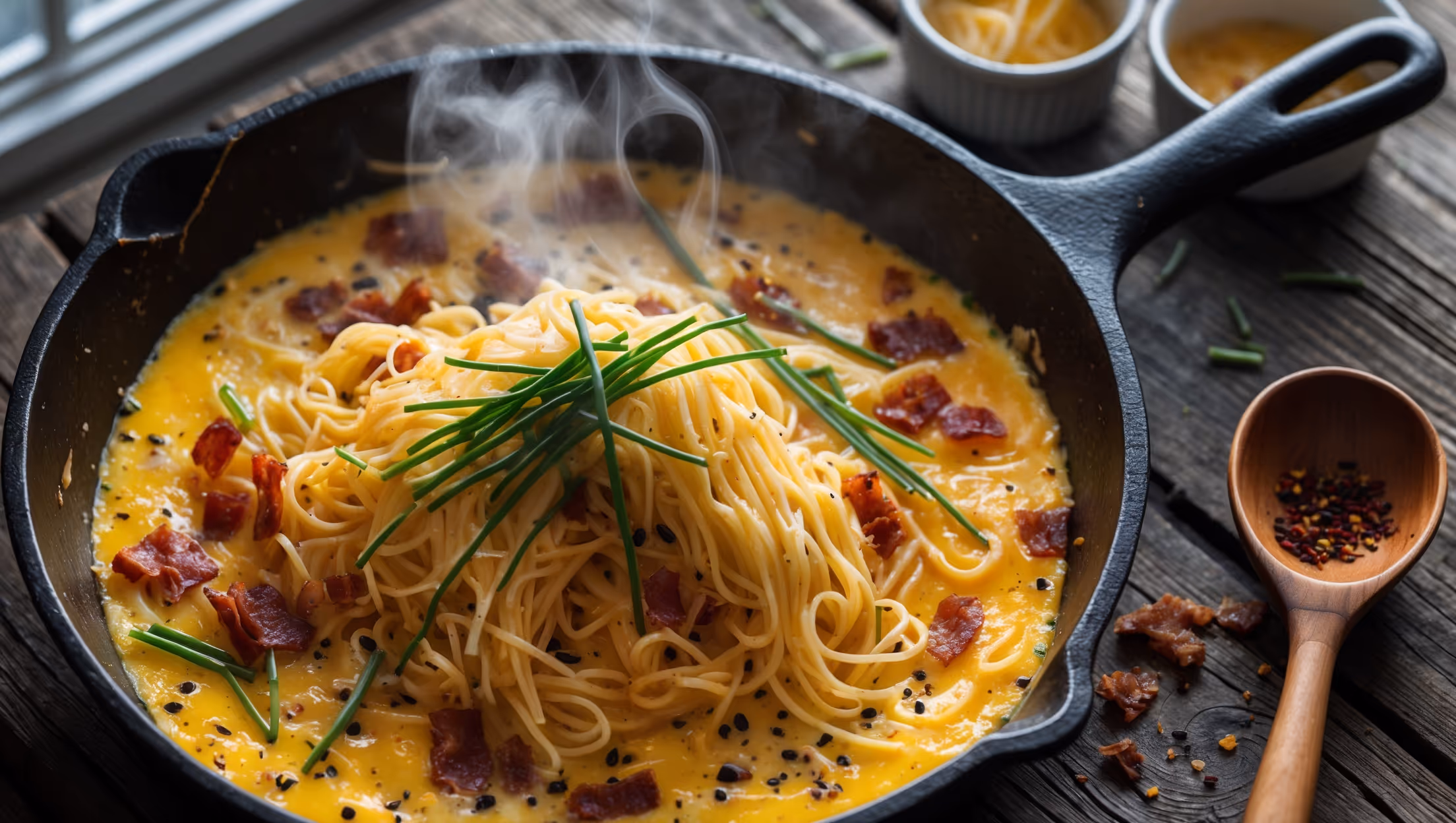 An overhead shot of a golden-brown ramen carbonara bake in a rustic cast iron skillet, steam gently rising through cracks in the crispy noodle surface. The natural window light catches the glossy egg-based sauce coating each strand, while scattered bits of crispy pancetta and freshly cracked black pepper create textural contrast. In the foreground, a wedge has been removed revealing the creamy interior where melted cheese stretches in delicate strands. Fresh chives are scattered across the top, their vibrant green popping against the amber tones of the pasta. A wooden serving spoon rests alongside the skillet on a weathered wooden table, with small ramekins of extra cheese and chili flakes partially visible at the frame's edge.