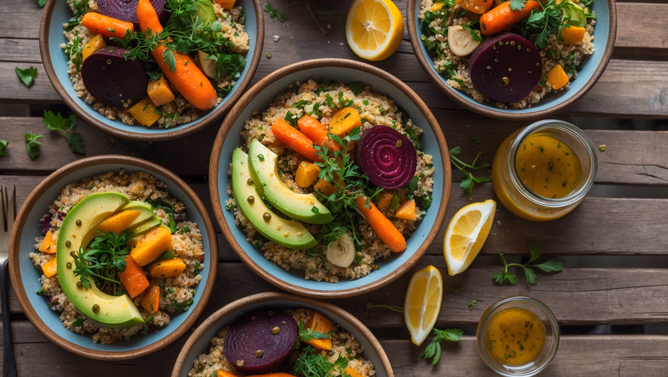 An overhead shot of vibrant quinoa salad bowls arranged on a rustic wooden table bathed in soft natural light. Each earthenware bowl showcases fluffy quinoa as the base, topped with a colorful array of roasted vegetables, creamy avocado slices, and protein elements. The vivid colors—deep purple beetroot, bright orange carrots, emerald herbs, and golden quinoa—create stunning visual contrast. Droplets of olive oil glisten on the surface, while scattered herbs and a wedge of lemon alongside provide garnish. A small jar of homemade dressing sits nearby, showcasing the amber-colored vinaigrette. The composition highlights the textural elements—the fluffy grain base, crunchy vegetables, and creamy components—inviting viewers to enjoy this wholesome meal.
