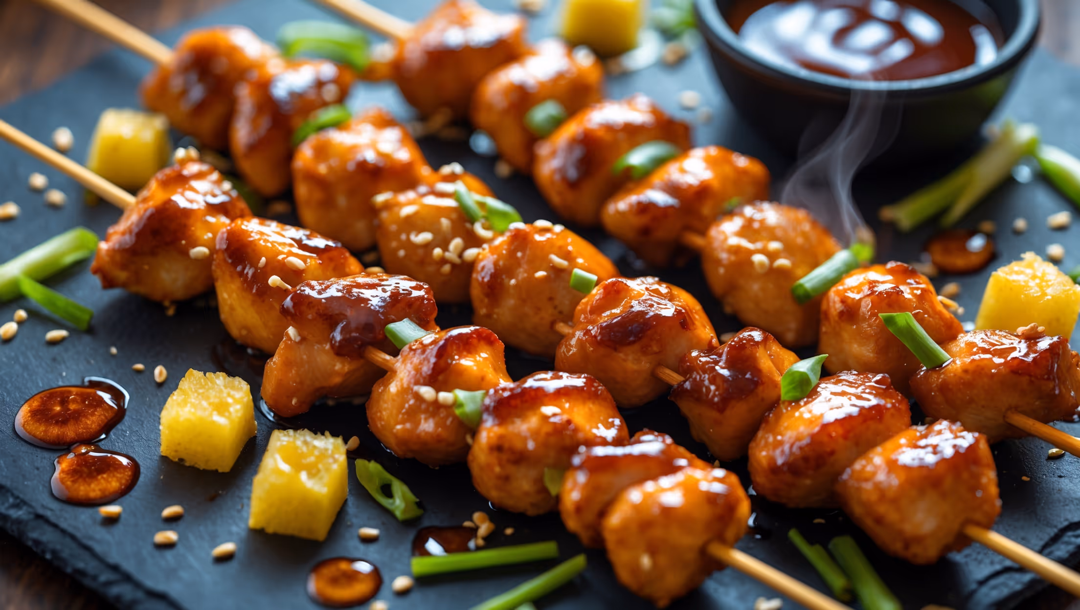 An overhead shot of golden-brown chicken skewers arranged on a sleek slate serving platter, glistening with a rich mahogany bourbon glaze that catches the soft natural light. Close-up details reveal caramelized edges and the tender, juicy texture of the chicken pieces. Scattered around the platter are fresh scallion slivers, sesame seeds, and tiny cubes of pineapple that add vibrant color contrast against the deep amber-colored glaze. A small ramekin of extra bourbon sauce sits nearby for dipping, its glossy surface reflecting the warm kitchen lighting, while wisps of steam suggest these skewers have just emerged from the air fryer.