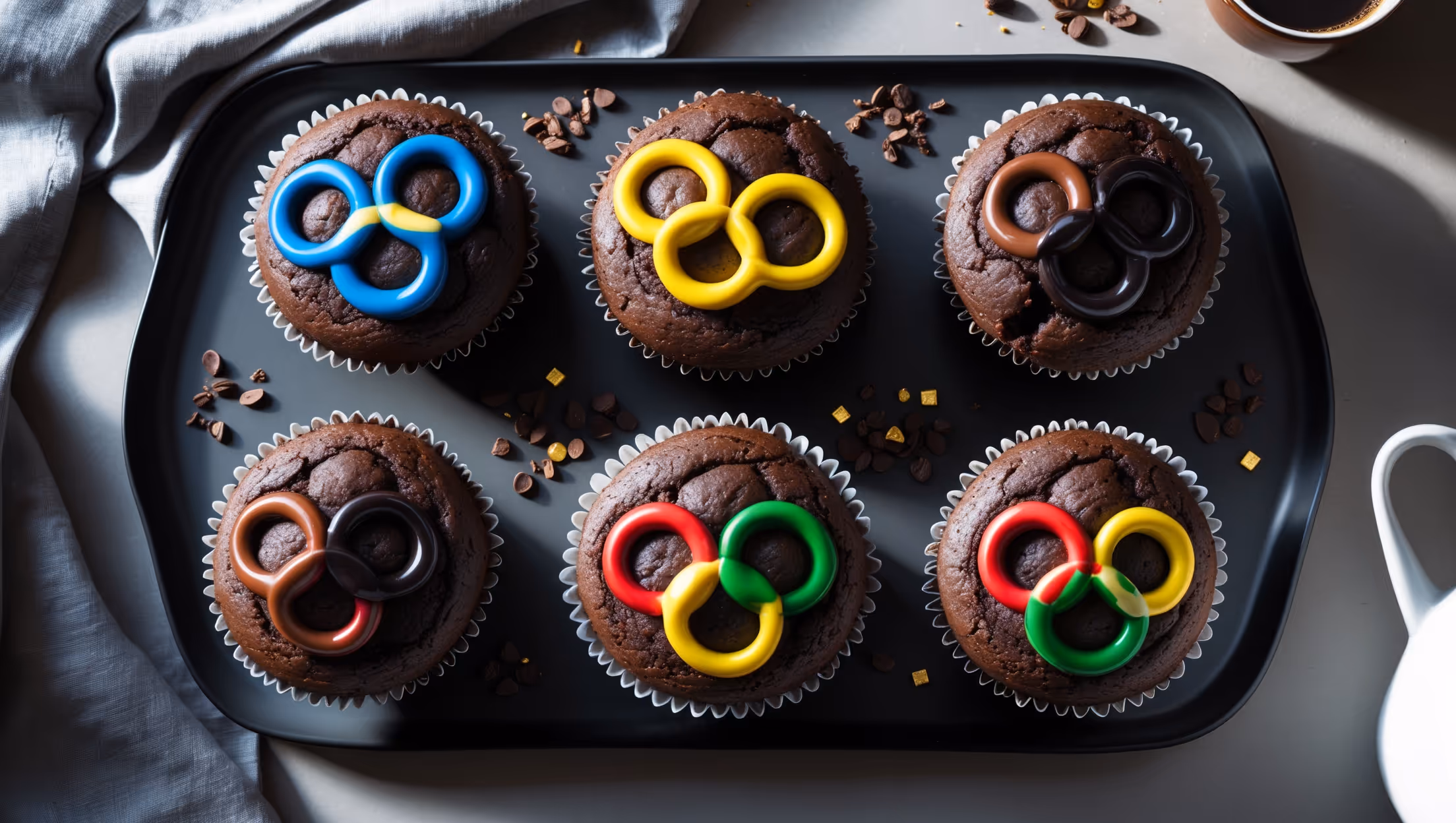 Overhead shot of six Olympic Chocolate Muffins arranged in a formation mimicking the Olympic rings on a matte black serving platter. The deep chocolate muffins have perfectly domed tops, each decorated with five interlocking chocolate rings in the iconic Olympic colors: blue, yellow, black, green, and red. Natural window light creates subtle shadows emphasizing the muffins' moist texture and the glossy finish of the colored chocolate rings. Scattered around the platter are cocoa nibs, gold sprinkles, and a few fresh berries, suggesting celebration and festivity. A white ceramic mug of coffee sits nearby, with steam visibly rising, suggesting the perfect pairing for these rich, celebratory treats.