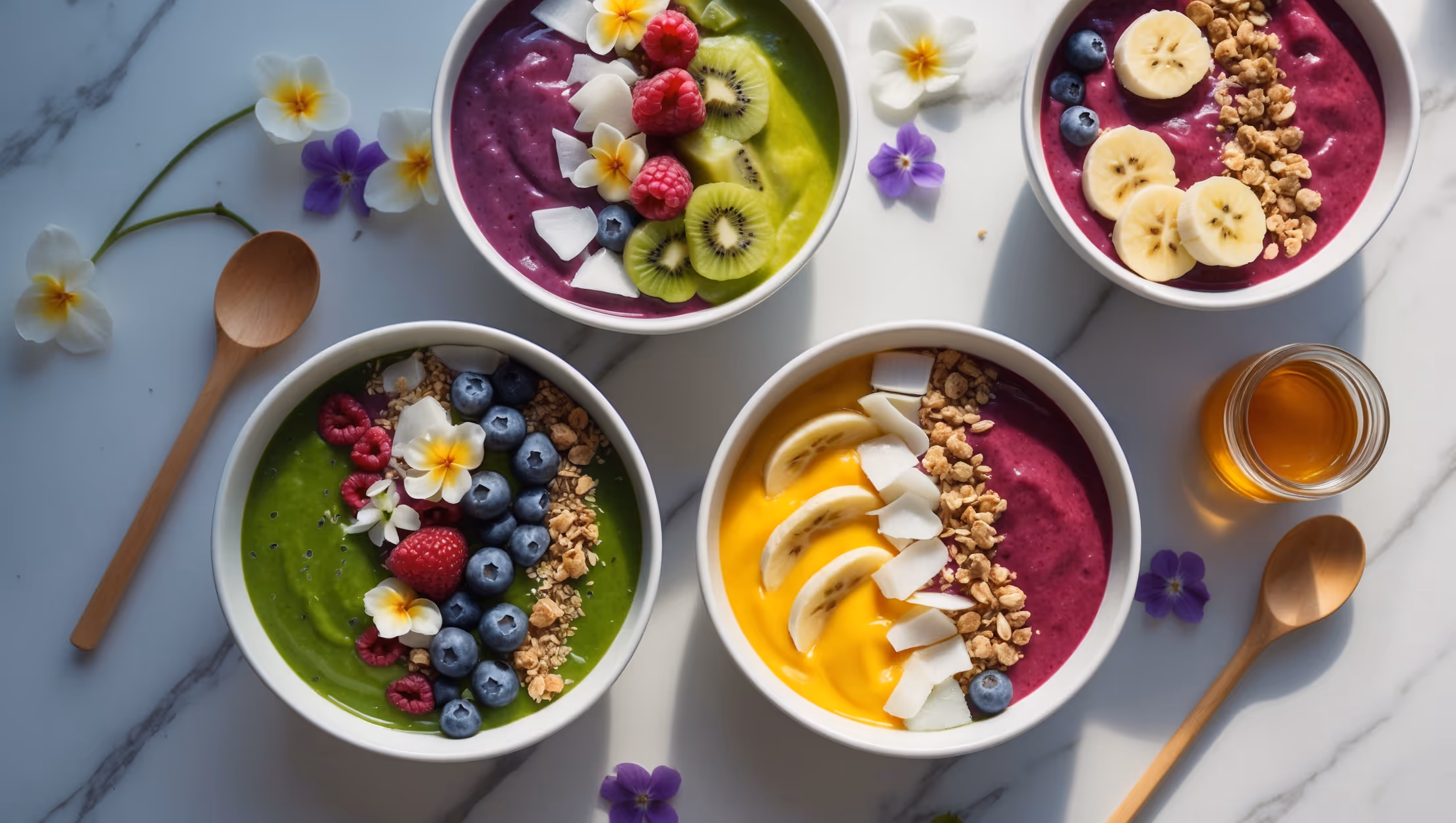 An overhead shot showcasing three rainbow smoothie bowls arranged on a white marble countertop, bathed in soft morning light. Each bowl features distinct layers of vibrant colored smoothie—purple açaí, emerald green spirulina, golden mango, and ruby strawberry—creating a mesmerizing rainbow effect. The bowls are artfully topped with geometric arrangements of fresh berries, sliced kiwi, banana crescents, white coconut flakes, and crunchy granola. Edible flowers add delicate pops of color while small jars of honey and bee pollen sit nearby, ready for drizzling. A wooden spoon rests alongside one bowl, inviting the viewer to dive into the colorful creation.