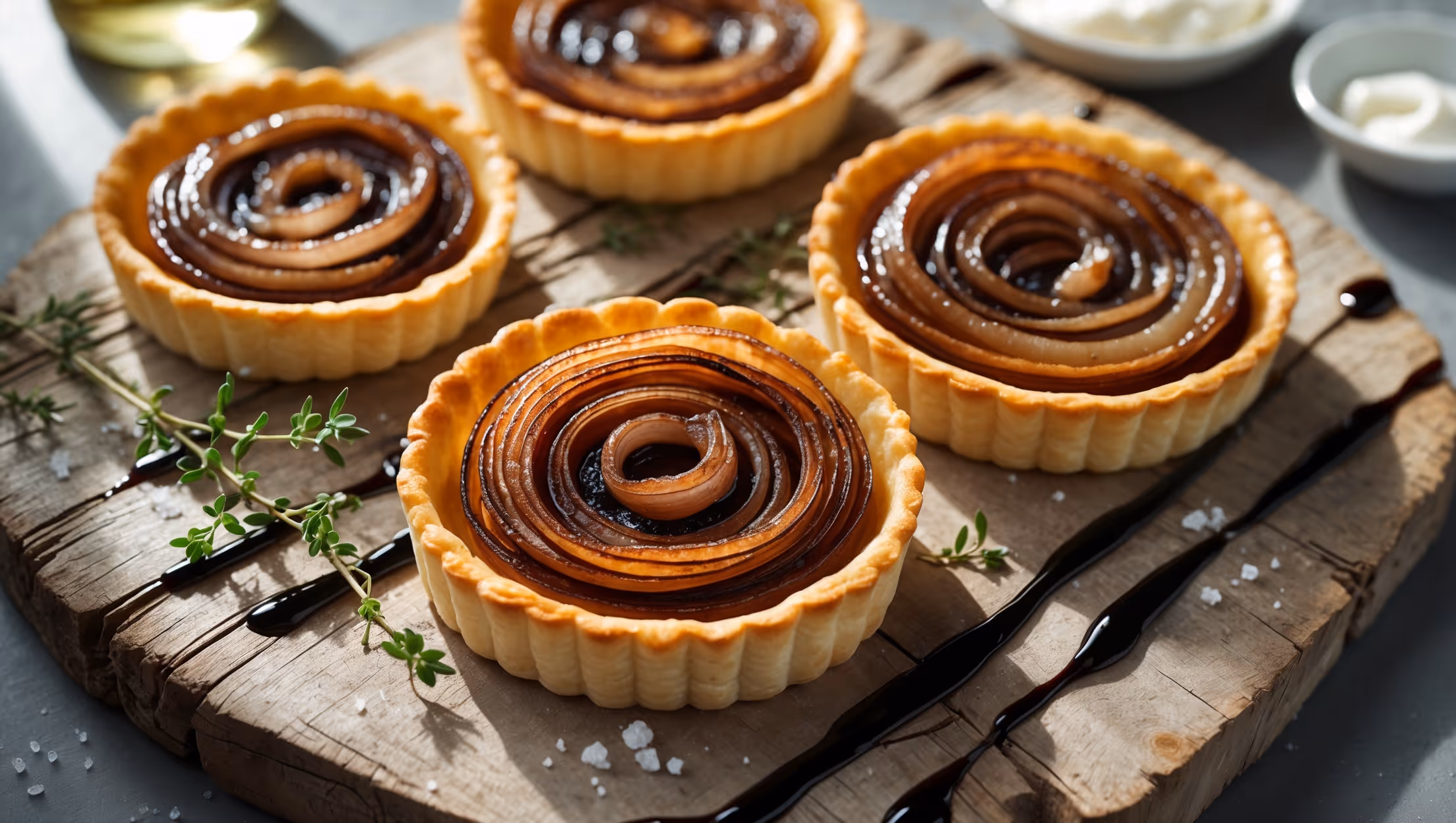 Overhead shot of golden-brown circular tarts on a weathered wooden serving board, showcasing the glistening caramelized onions arranged in concentric circles beneath the buttery pastry. Soft natural light streams across the scene, highlighting the contrast between the rich amber hues of the onions and the flaky, layered texture of the crust. A sprig of fresh thyme and scattered sea salt crystals provide subtle garnish, while a drizzle of balsamic reduction creates dramatic dark streaks against the onion's glazed surface. In the background, a glass of white wine and a small dish of crème fraîche suggest perfect accompaniments to these savory delights.