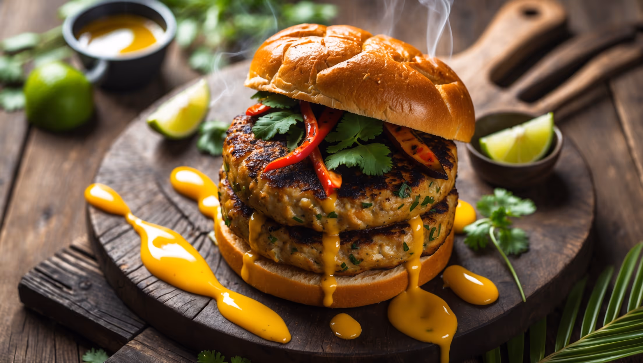 An overhead shot of a towering Moqueca Fish Burger on a rustic wooden serving board, captured in warm natural light. The golden-crusted brioche bun sits slightly askew, revealing layers of vibrant ingredients – a thick, herb-flecked fish patty glistening with coconut oil, topped with charred red pepper strips and fresh cilantro sprigs. Drips of bright orange-yellow coconut sauce cascade down the sides, pooling onto the board. Scattered around the burger are lime wedges, a small ramekin of extra dendê oil sauce, and palm fronds providing tropical styling elements. The camera captures the steam rising from the freshly cooked patty, emphasizing its aromatic appeal and just-served freshness.