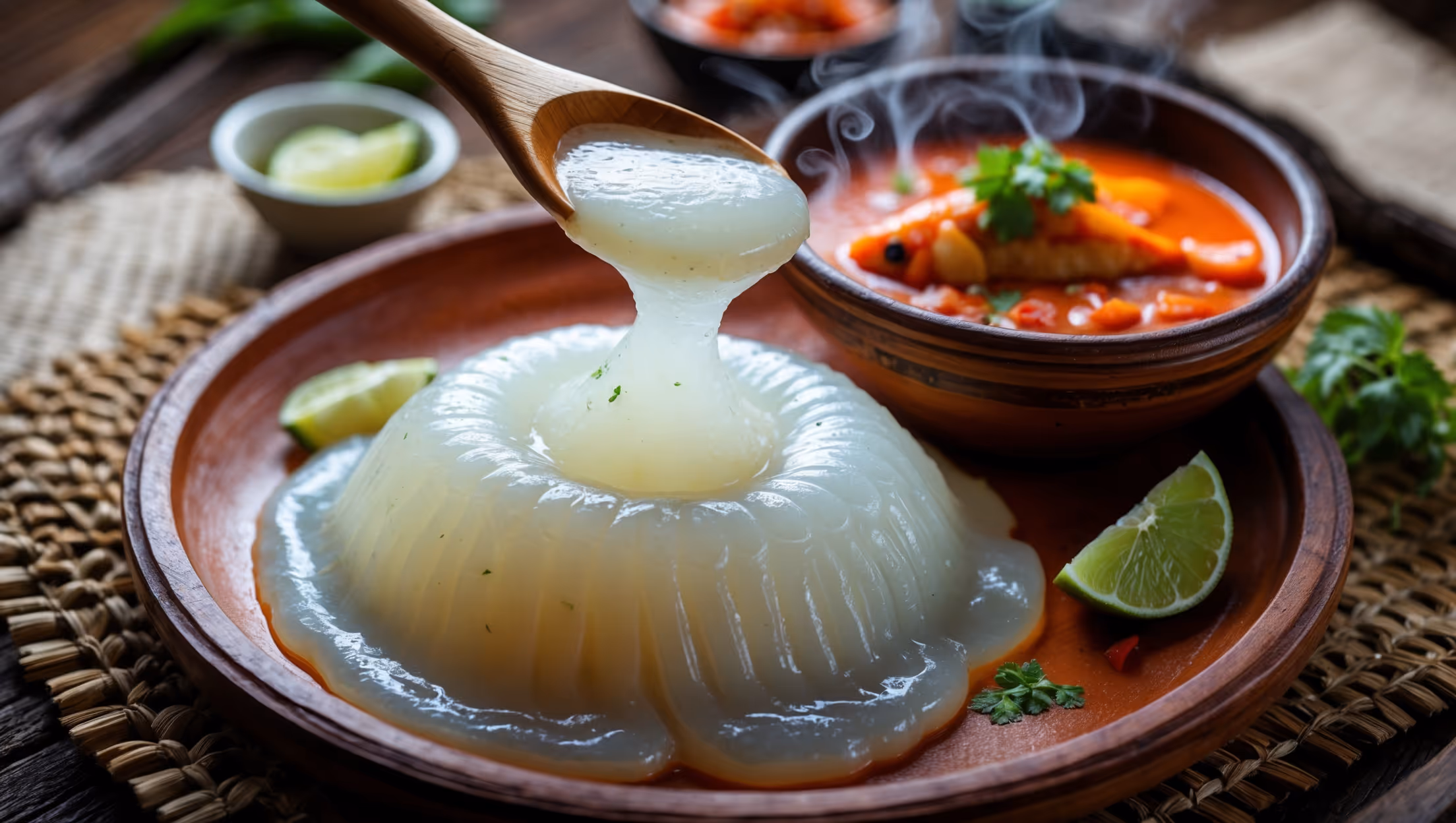 Overhead shot of a glossy, translucent mound of papeda on a traditional wooden plate, its sticky consistency captured as tendrils stretch from a wooden spoon being pulled away. The gelatinous staple food is served alongside a vibrant red and orange fish curry in a clay bowl, creating a striking color contrast. Soft natural light highlights the papeda's pearly sheen while steam gently rises from both dishes. The styling includes fresh lime wedges, a small dish of sambal, and scattered herbs around rustic woven placemats, capturing the authentic Eastern Indonesian culinary tradition with warm, earthy tones that emphasize the papeda's role as a comforting staple food.