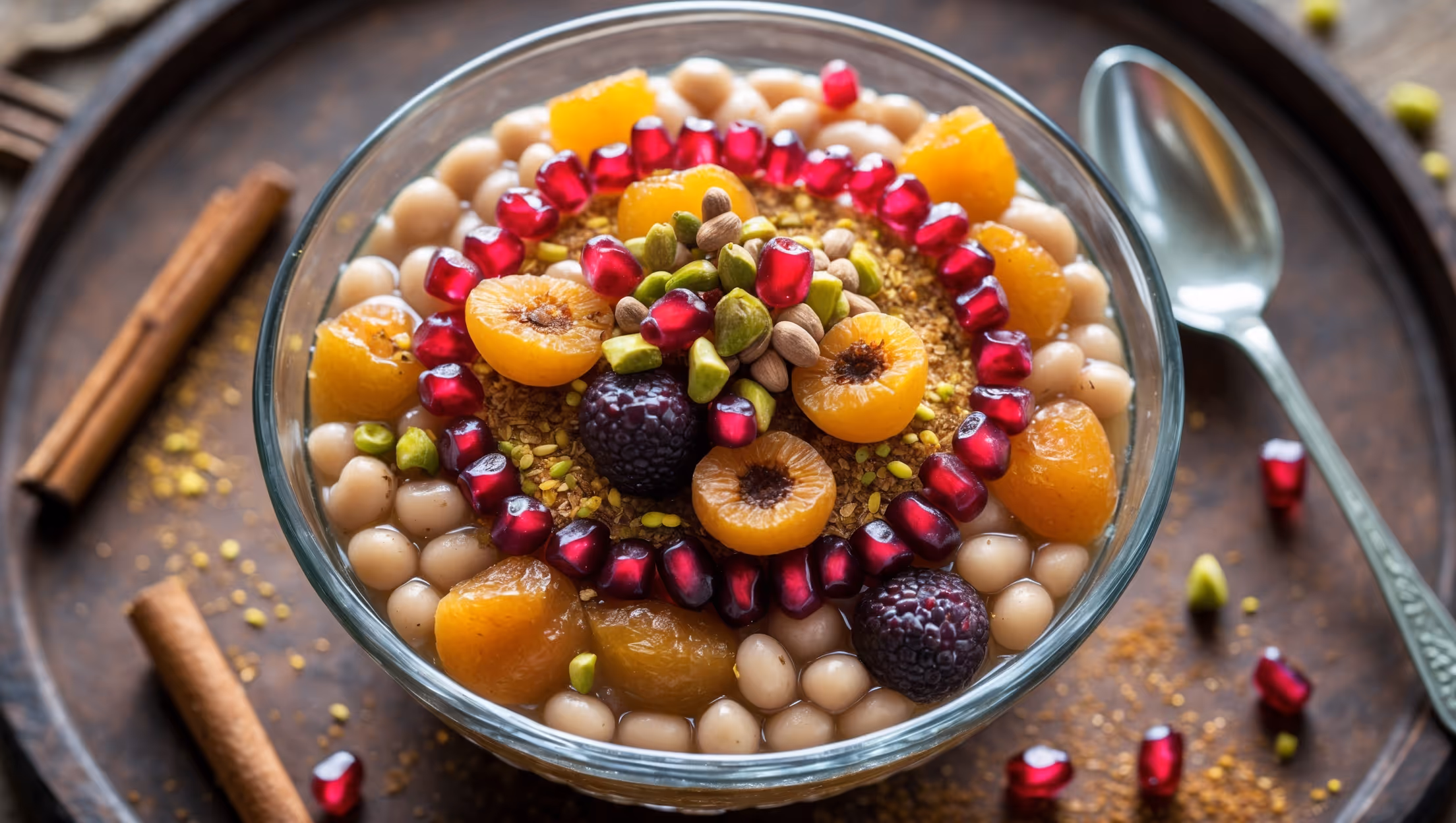 An overhead shot of Ashure served in a traditional clear glass bowl, showcasing the colorful mosaic of ingredients – plump wheat berries, chickpeas, and white beans forming the base, interspersed with golden raisins, apricots, and figs. The surface is artfully decorated with a sprinkle of crushed pistachios, pomegranate arils creating ruby-red jewel tones, and cinnamon dust arranged in a traditional pattern. Natural daylight illuminates the generous portion, highlighting the varied textures and glistening surface of the pudding. A small silver serving spoon rests alongside on a wooden table adorned with scattered cinnamon sticks and whole spices, suggesting the warm aromatics within this centuries-old dessert.
