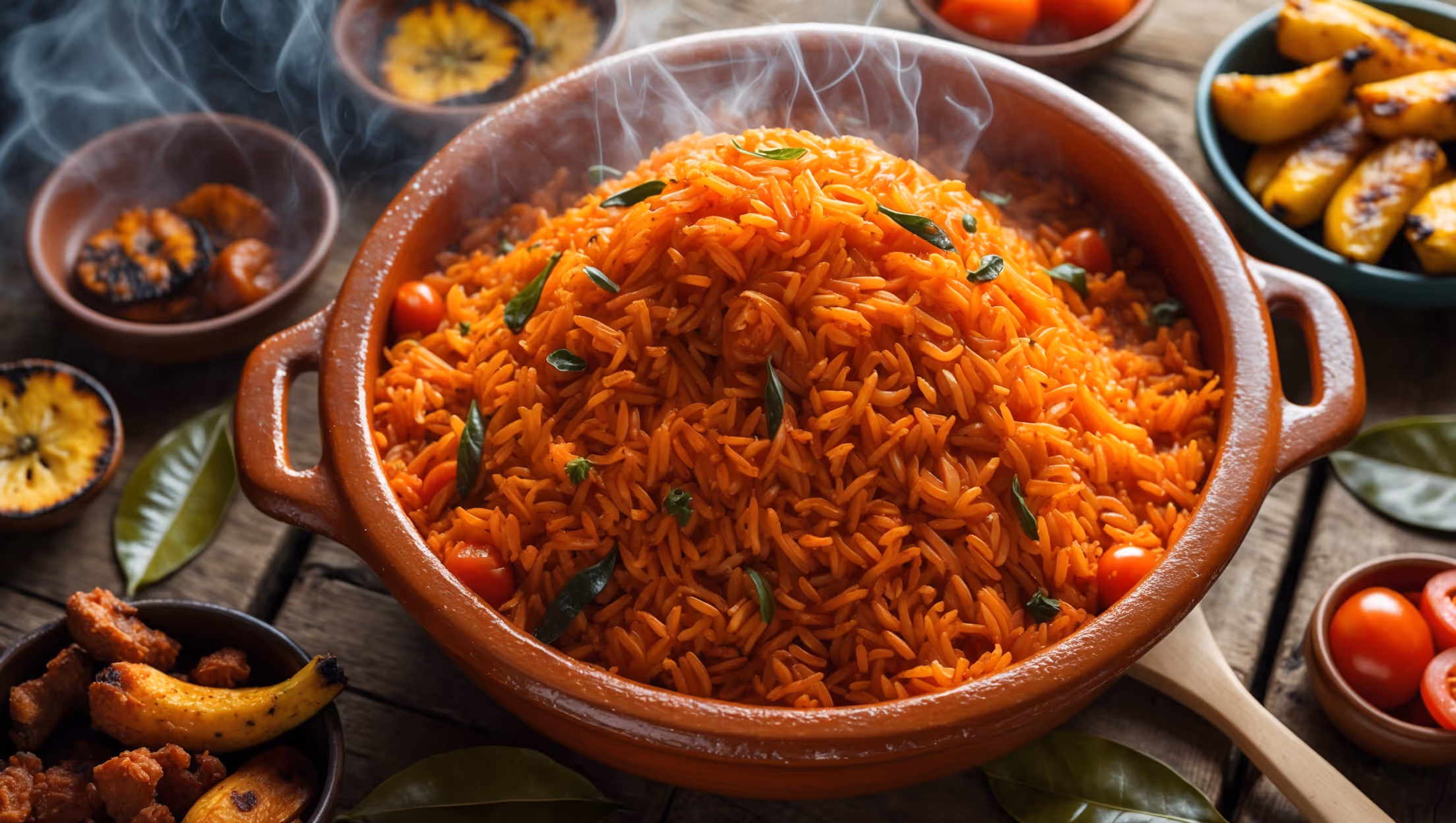 An overhead shot of vibrant orange-red Jollof rice piled high on a traditional clay serving dish, with steam visibly rising. The close-up reveals individual grains of perfectly cooked long-grain rice, each coated in the signature tomato-based sauce with visible flecks of scotch bonnet peppers and herbs. Natural window light highlights the caramelized edges—a prized characteristic known as "bottom pot." Surrounding the dish are small bowls of grilled plantains, fried chicken pieces, and sliced fresh tomatoes. Scattered whole scotch bonnet peppers and bay leaves decorate the rustic wooden table, while a wooden spoon rests against the dish, ready to serve this celebratory West African staple.