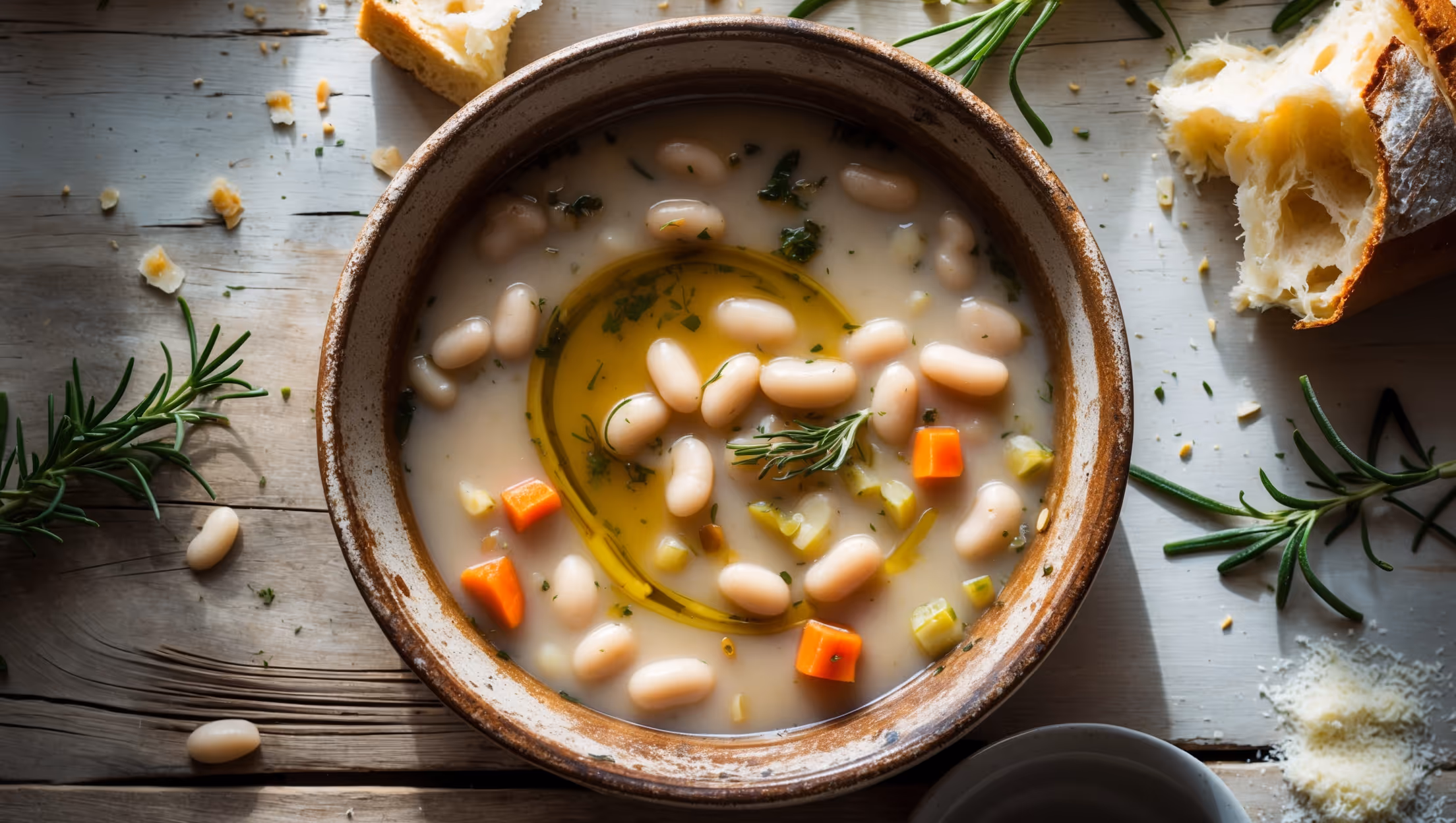 An overhead shot of a rustic ceramic bowl filled with steaming Tuscan white bean soup, showing the creamy broth studded with tender white beans, diced carrots, and flecks of aromatic herbs. A cross-section view reveals the soup's substantial texture with visible pieces of sautéed onions, celery and carrots mixed throughout. Soft natural light streams across the scene, highlighting the soup's velvety surface and the swirl of extra virgin olive oil creating golden patterns on top. A chunk of crusty bread rests against the bowl's edge on a weathered wooden table, with scattered fresh rosemary sprigs and a small bowl of grated Parmesan nearby, emphasizing the dish's Italian countryside roots.
