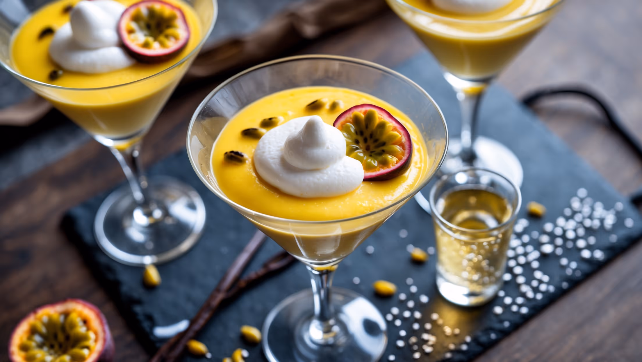 An overhead shot of elegant martini glasses filled with a vibrant yellow passionfruit mousse, topped with a light vanilla cream "foam" and garnished with fresh passionfruit halves. A small shot glass of prosecco sits alongside each serving on a sleek black slate board, with scattered vanilla bean seeds and passionfruit seeds adding texture to the composition. The soft natural light catches the glossy surface of the mousse, highlighting its silky-smooth texture while champagne bubbles rise gently in the accompanying prosecco shot.