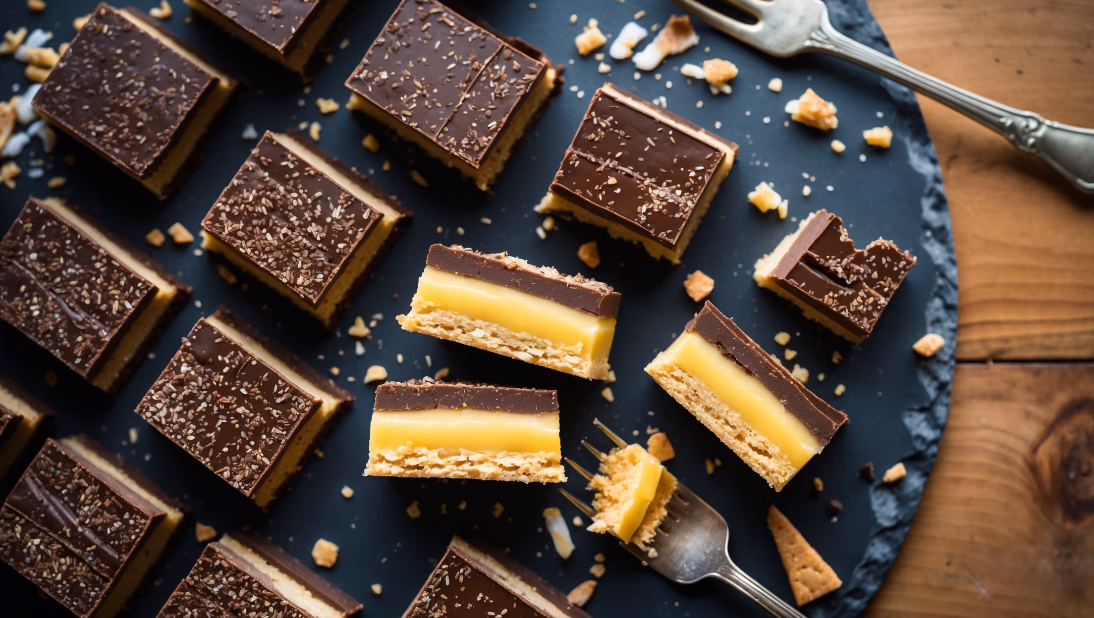 An overhead shot of perfectly cut Nanaimo bars arranged on a rustic slate serving board, showcasing their distinct three layers - the dark chocolate coconut-studded base, the vibrant yellow vanilla custard center, and the glossy chocolate ganache top. A cross-section view reveals the precise layering and beautiful contrast between textures. Soft natural light highlights the sheen of the chocolate top layer, while crumbs of coconut and graham crackers artfully scatter around the display. A vintage dessert fork rests beside one bar, with a small bite taken out, revealing the creamy custard layer. The warm tones of the wooden elements complement the rich browns of the chocolate and golden yellow of the custard.