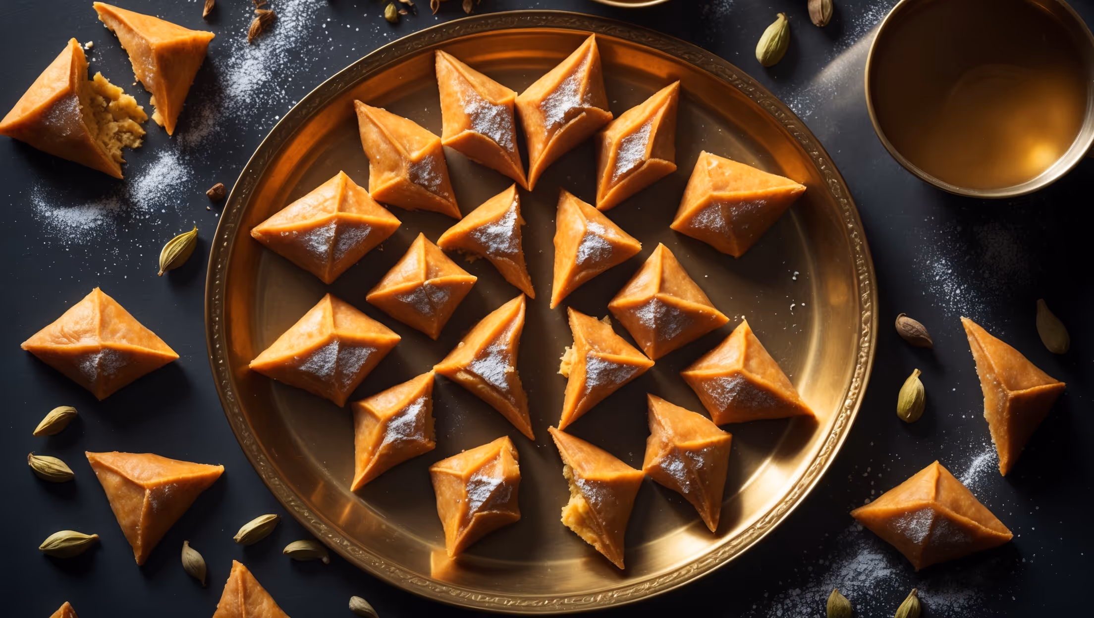 An overhead shot of golden-brown diamond-shaped Shankarpali arranged in a spiral pattern on a traditional brass plate, the crispy treats glistening under warm directional lighting. Some pieces are stacked to showcase their perfectly layered flakiness, while a few are broken to reveal the crisp interior texture. Scattered cardamom pods and a small bowl of ghee add authentic styling elements, and a partial cup of masala chai steams in the corner, suggesting the perfect pairing. The rich golden color of the Shankarpali contrasts beautifully against the dark metal plate, with a light dusting of powdered sugar adding a festive touch.