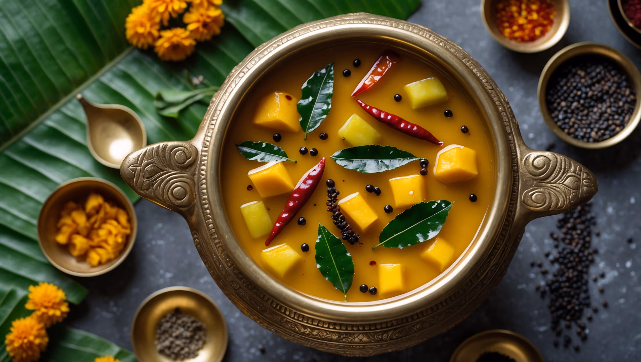 An overhead shot showcases a traditional brass vessel filled with Ugadi Pachadi, its rich golden-yellow base punctuated with deep red flecks of chili, vibrant green neem leaves, and black mustard seeds. Soft natural light highlights the varying textures - the glistening jaggery syrup, pieces of raw mango, and scattered tamarind pulp. Surrounding the vessel are the six key ingredients in small brass bowls against a backdrop of banana leaves and marigold flowers, symbolizing the festival's cultural significance. A silver serving spoon rests alongside, collecting the medley of sweet, sour, bitter, salty, spicy and tangy elements that define this ceremonial New Year preparation.