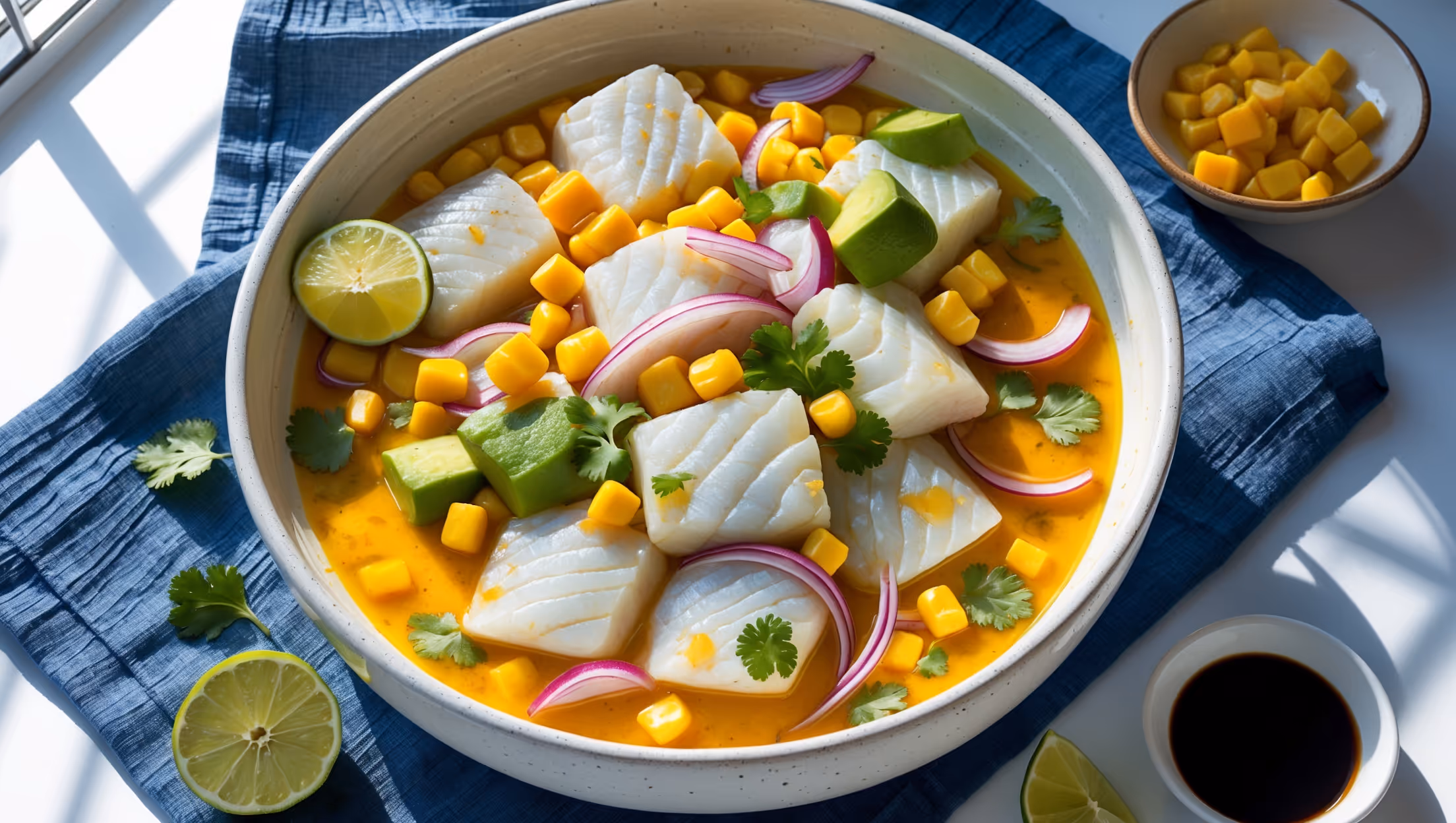 An overhead shot of a white ceramic bowl filled with glistening cubes of fresh sea bass marinated in a vibrant orange-yellow leche de tigre sauce. The fish is artfully arranged with thin slices of red onion, diced avocado, and scattered cilantro leaves. Tender corn kernels and sweet potato chunks add pops of color against the pale fish. The bowl sits on a textured indigo blue cloth, with scattered lime wedges, ají amarillo peppers, and a small dish of soy sauce nearby. Natural window light highlights the gleaming marinade and creates appetizing shadows that emphasize the various textures of this Peruvian-Japanese fusion dish.