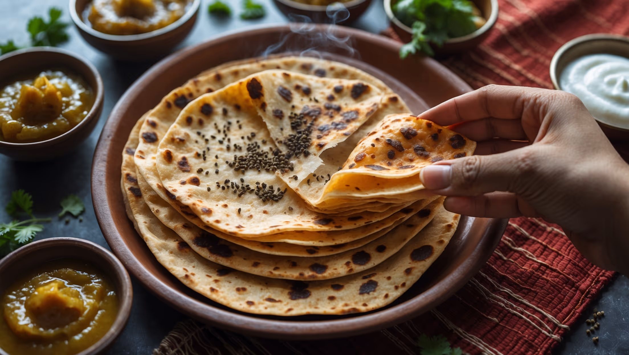 An overhead shot captures golden-brown Punjabi Dabdas arranged on a rustic clay plate, their flaky layers visible and slightly separated. A close-up reveals the crisp, blistered exterior with scattered nigella seeds catching the soft natural light streaming through a kitchen window. The flatbreads are placed alongside small bowls of vibrant chutney and creamy yogurt, with fresh coriander leaves scattered around. A hand tears one dabda apart, showcasing its multiple delicate layers pulling apart with wisps of steam escaping. The warm amber tones of the flatbreads contrast beautifully against the deep red of a hand-woven table runner underneath.