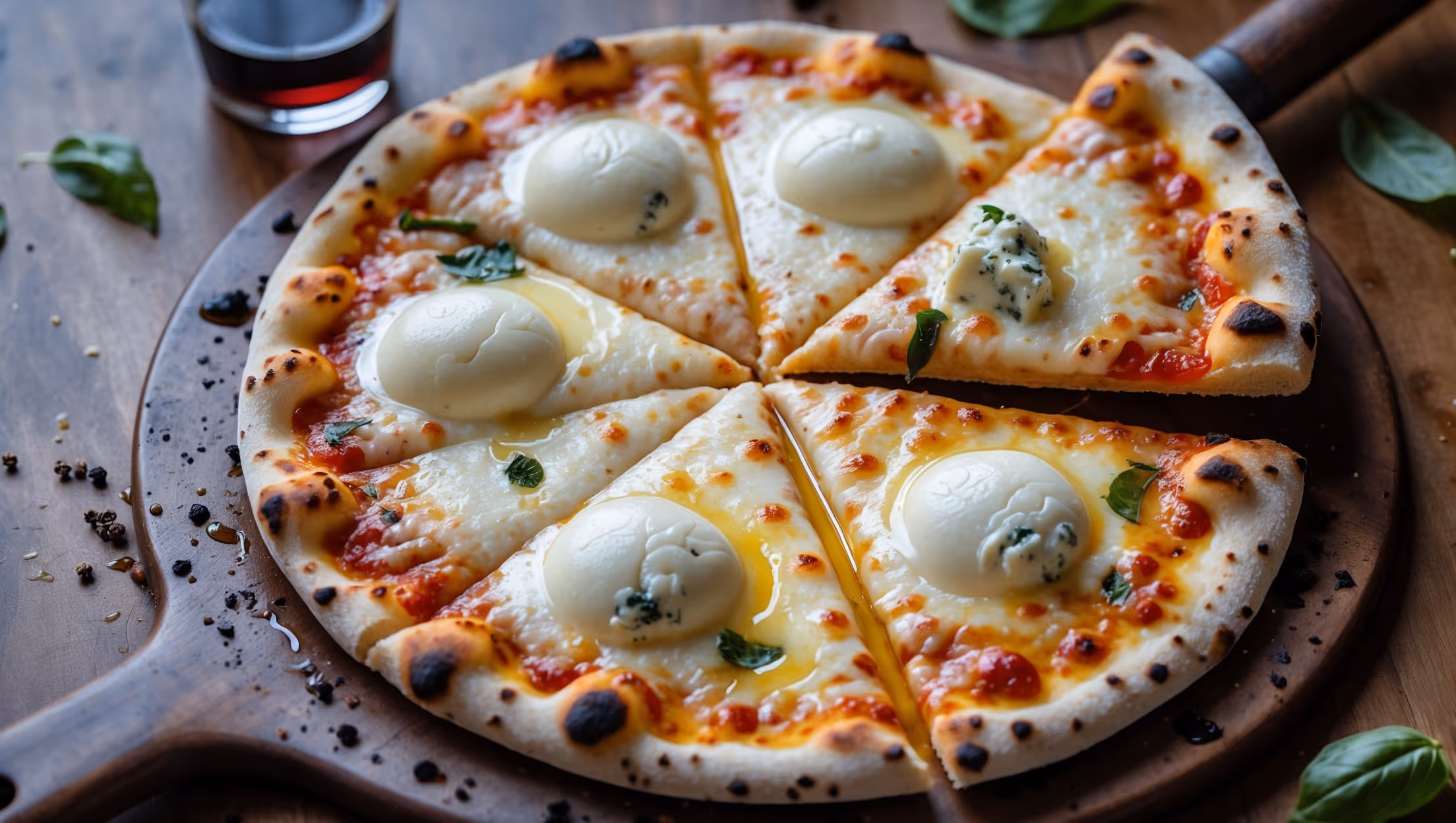 Overhead shot of a round Quattro Formaggi pizza on a rustic wooden pizza peel, with melted cheeses forming golden bubbles across the surface. Soft natural light highlights the varying textures of the four cheeses - the stretchy mozzarella pulls into strings as a slice is being lifted, while patches of blue cheese melt into creamy pools. The thin crust has charred spots around the edges, signaling wood-fired perfection. A light dusting of fresh herbs adds specks of green against the creamy white and golden-brown canvas, while a few cracked black peppercorns and a drizzle of olive oil catch the light. In the background, a glass of red wine and scattered fresh basil leaves frame the scene.