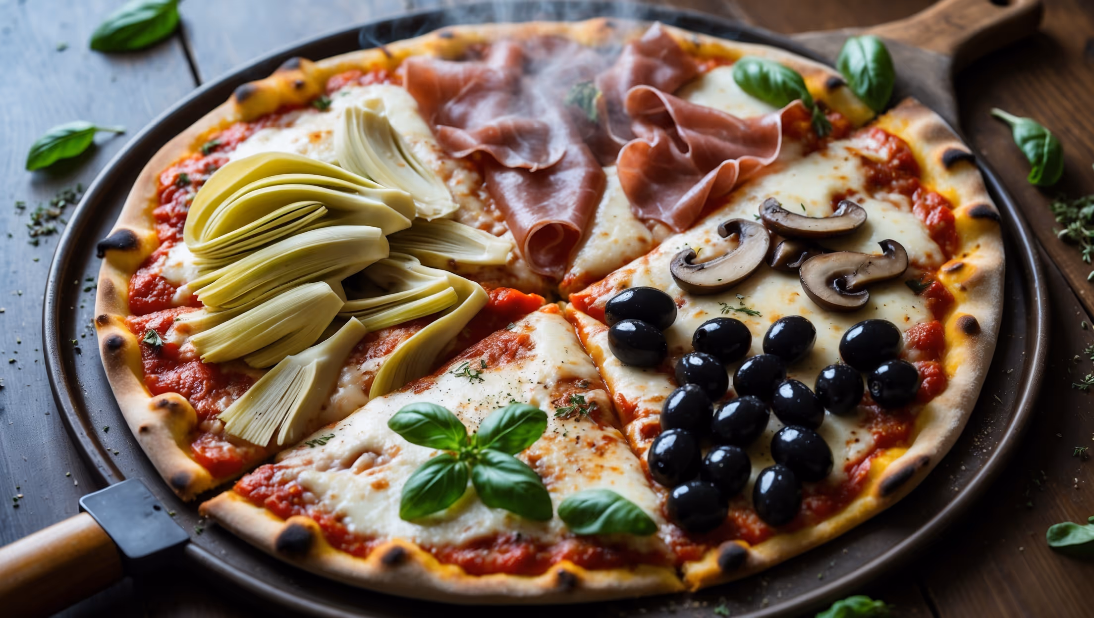 An overhead shot of a round Quattro Stagioni pizza on a rustic wooden pizza peel, steam gently rising from its surface in soft natural light. The pizza is meticulously divided into four quarters, each representing a different season: bright green artichokes, thinly sliced prosciutto, earthy mushrooms, and glossy black olives. The crust is golden brown with beautiful char marks, while the tomato sauce peeks through a blanket of melted mozzarella that stretches when a slice is pulled away. Scattered fresh basil leaves add vibrant green accents, and a light dusting of dried oregano brings depth to this classic Italian creation.