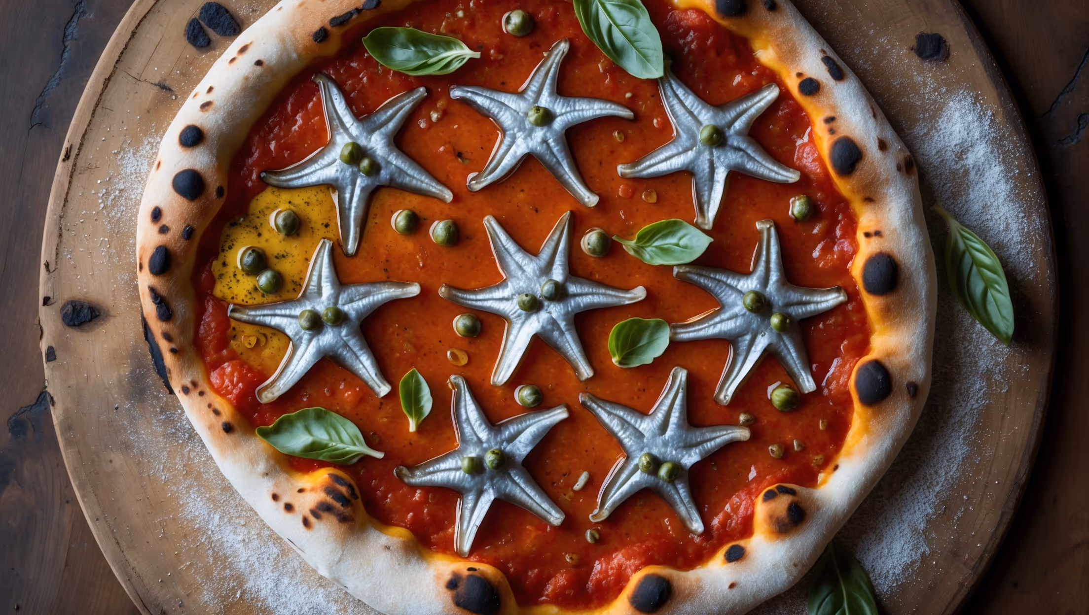 Overhead shot of a rustic Napoletana pizza with its characteristic thin, slightly charred crust featuring blistered edges. The rich red tomato base creates a vibrant backdrop for silvery anchovy fillets arranged in a star pattern, with tiny capers scattered like jewels across the surface. Drizzles of extra virgin olive oil catch the soft natural light, creating glistening pools that highlight the pizza's artisanal quality. The pizza rests on a well-worn wooden peel dusted with semolina, with fresh basil leaves providing bright green accents against the deep reds and silvery fish. A light dusting of oregano and the subtle char marks from a hot oven complete this authentic Neapolitan creation.