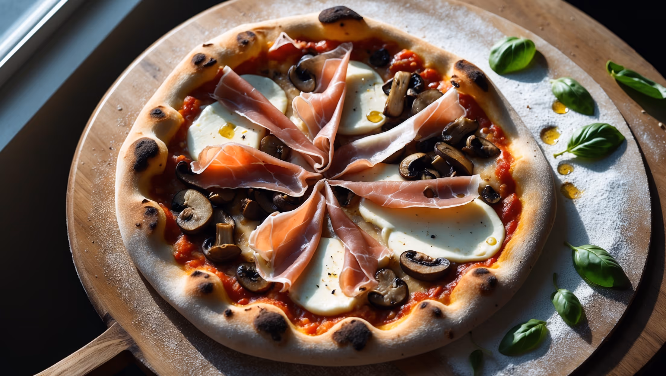 Overhead shot of a perfectly round, rustic Prosciutto e Funghi Pizza with a golden-brown edge crust rising to create pillowy pockets around the rim. Slices of paper-thin prosciutto curl delicately over sautéed mushrooms and patches of melted mozzarella that show inviting stretchy pulls. Soft natural window light casts gentle shadows that highlight the textural contrast between the crisp base and toppings. The pizza rests on a wooden peel dusted with semolina, with scattered fresh basil leaves providing vibrant green accents against the warm colors of the pizza. Small drops of olive oil glisten on the surface, and a light dusting of cracked black pepper adds a final artisanal touch.