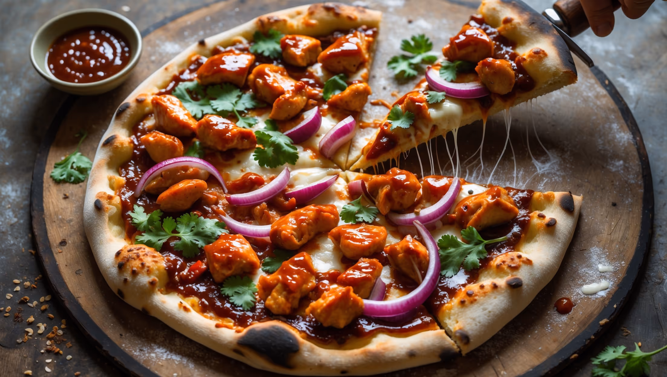 An overhead shot of a rustic, round BBQ chicken pizza with a visible hand-stretched crust that's golden-brown and slightly charred at the edges. The surface showcases glistening chunks of barbecue-glazed chicken, vibrant red onion rings, scattered cilantro leaves, and strands of melted mozzarella stretching as one slice is being pulled away. Captured in warm natural light on a weathered wooden pizza peel, with a small bowl of extra BBQ sauce and a sprinkle of red pepper flakes visible in the corner. Fine wisps of steam suggest the pizza has just emerged from the oven, with the caramelized BBQ sauce creating appetizing dark amber highlights across the surface.