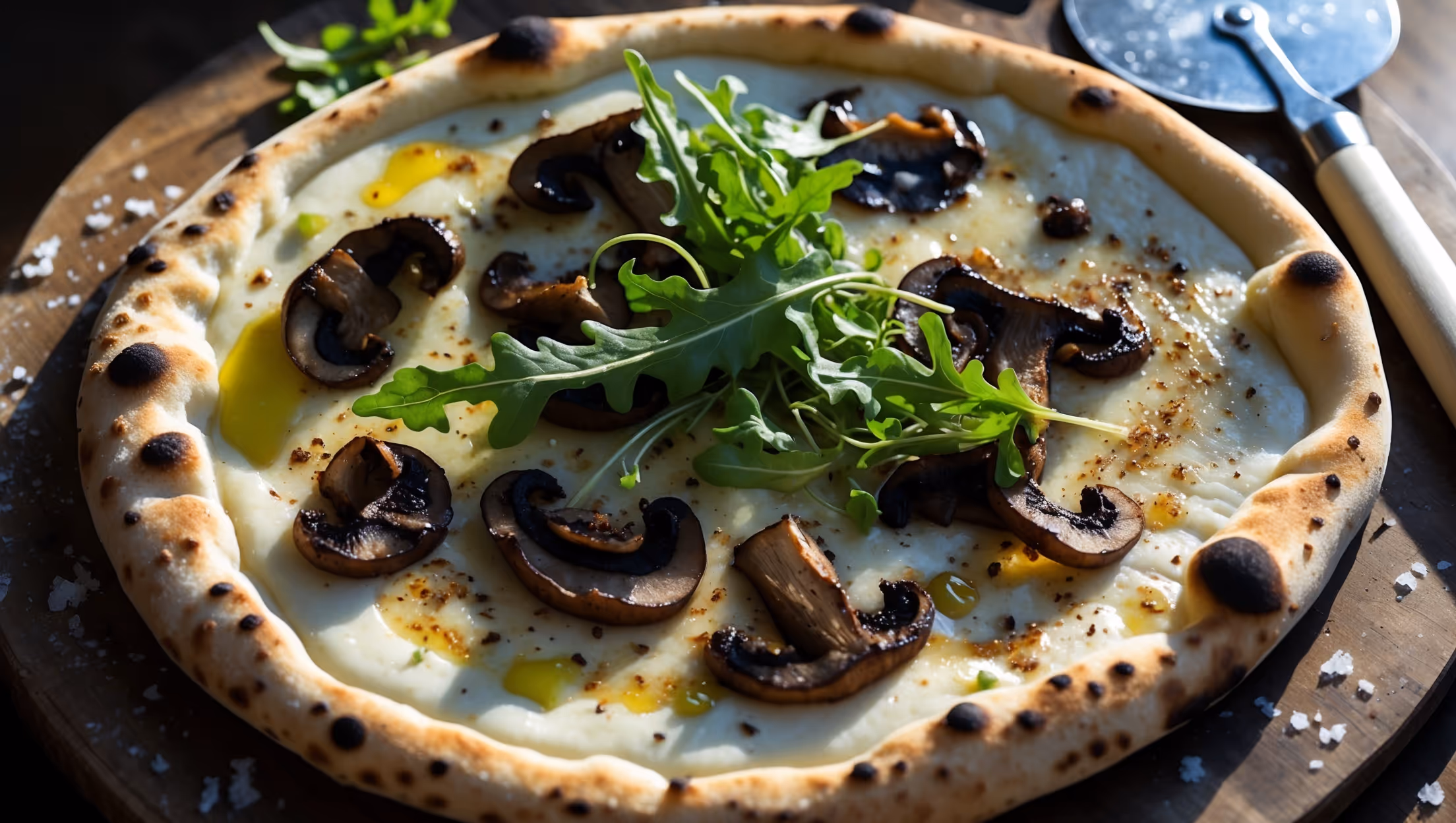 An overhead shot of the round pizza showcases its perfect golden-brown crust with characteristic char spots from the hot oven. The surface glistens with a drizzle of olive oil catching the soft natural light streaming through a nearby window. Thin, delicate truffle shavings rest atop a creamy white base, interspersed with caramelized wild mushrooms that provide rich brown contrast. A garnish of fresh arugula adds vibrant green accents while a light dusting of finishing salt sparkles. The pizza sits on a rustic wooden board with a pizza cutter nearby, a few stray flakes of sea salt scattered around the edges of the frame.