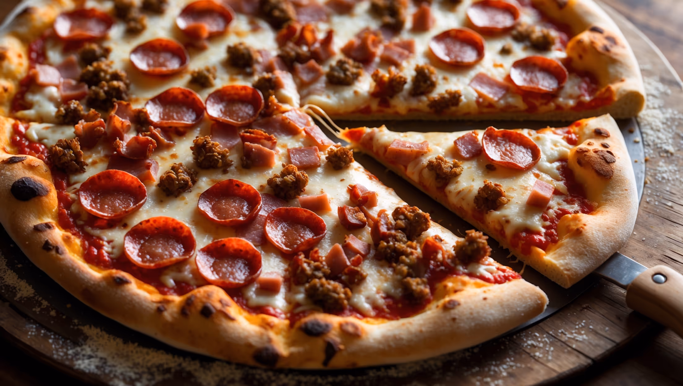 An overhead shot of a freshly-baked, round Meat Lover's Pizza with golden, puffy edges and a center generously covered with crispy pepperoni, browned Italian sausage crumbles, perfectly rendered bacon pieces, and diced ham. Melted mozzarella cheese stretches between slices as one piece is being pulled away, revealing the thin layer of rich tomato sauce beneath. The pizza is positioned on a rustic wooden pizza peel, with flecks of cornmeal visible around the edges, all photographed in warm, directional light that highlights the caramelized meat edges and creates inviting shadows that emphasize the texture of the crust.