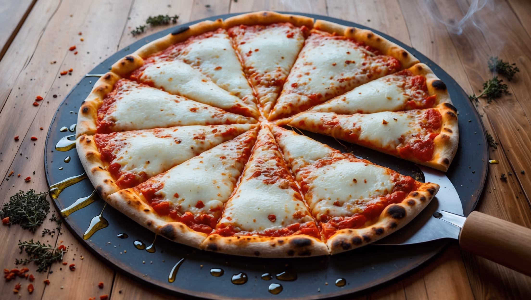 Overhead shot of a large, circular New York-style pizza with a perfectly browned, thin crust that shows slight char marks along its edge. The pizza features a vibrant red tomato sauce peeking through patches of melted, slightly blistered mozzarella cheese that stretches dramatically as one slice is pulled away. Shot in warm, natural light against a rustic wooden pizza peel, with flecks of dried oregano and red pepper flakes scattered around, creating color contrast against the wooden surface. Steam gently rises from the hot surface, while olive oil glistens on top, capturing the authentic pizzeria experience.