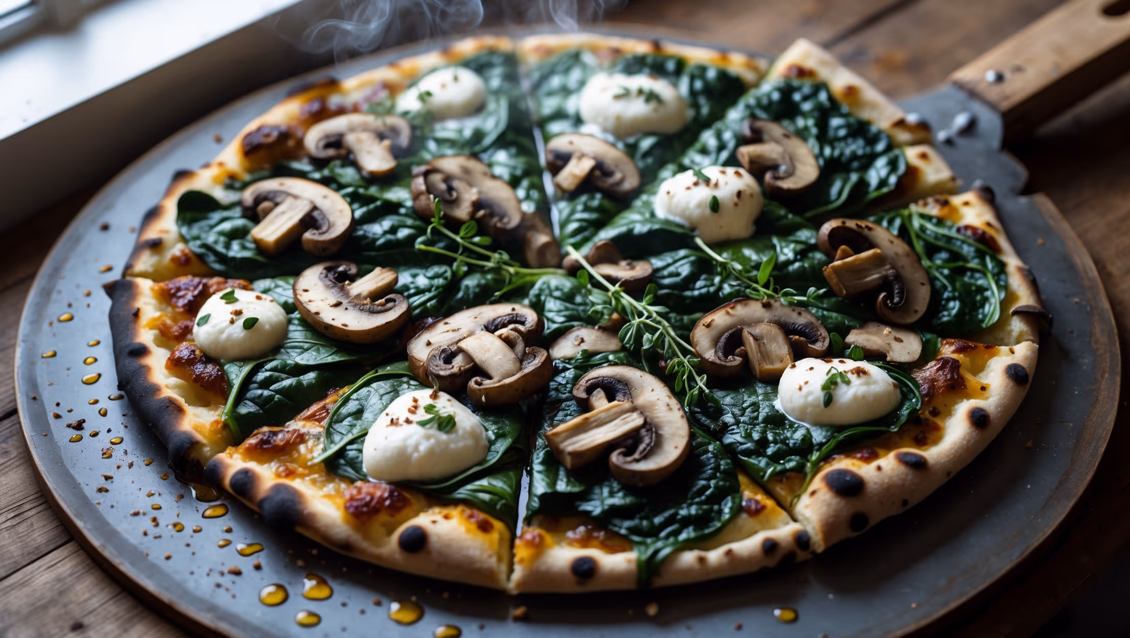 An overhead shot of a round, artisanal mushroom and spinach pizza on a rustic wooden pizza peel. The thin crust has charred, bubbled edges with a golden-brown color. Sautéed mushrooms in varying shades of brown contrast against bright green wilted spinach, all nestled under a layer of melted mozzarella with visible strands pulling as one slice is being lifted. White dots of ricotta and flecks of fresh thyme add texture, while a light dusting of crushed red pepper flakes adds color. Natural light streams in from a nearby window, highlighting the steam rising from the freshly baked pizza and the olive oil glistening on its surface.