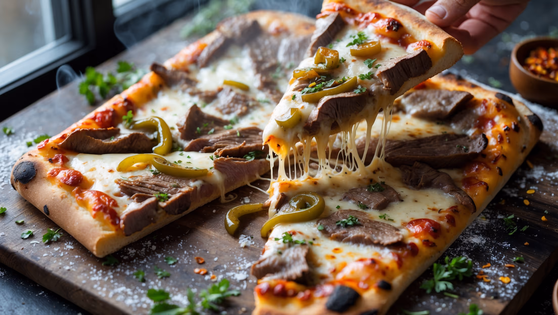 An overhead shot of a perfectly baked rectangular Philly Cheesesteak Pizza with a golden-brown crust and bubbling cheese. Natural window light highlights the glossy cheese pull as a slice is being lifted, revealing the generous layers of thinly sliced steak, caramelized onions, and sautéed green peppers beneath. The pizza rests on a rustic wooden board sprinkled with semolina flour, with fresh herbs scattered around and a small bowl of red pepper flakes in the corner. Steam rises subtly from the surface, emphasizing the pizza's freshness, while the charred edges of the crust provide textural contrast to the melted cheese blend.