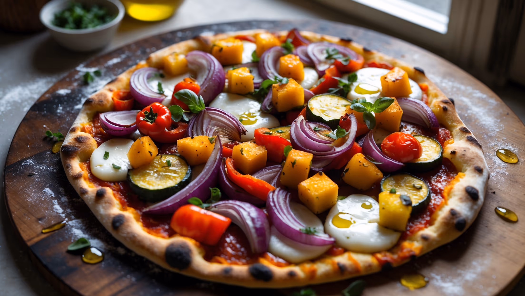An overhead shot of a rustic Roasted Veggie Pizza with a perfectly golden, slightly charred crust on a wooden pizza peel. Vibrant roasted vegetables—red bell peppers, purple red onions, yellow zucchini slices, and orange butternut squash cubes—create a colorful mosaic atop a layer of melted mozzarella and scattered dots of goat cheese. A drizzle of olive oil catches the warm, directional light streaming through a kitchen window, highlighting the caramelized edges of the vegetables and the fresh green specks of thyme and basil scattered across the surface. In the background, blurred ingredients and flour-dusted surfaces hint at the homemade preparation process.