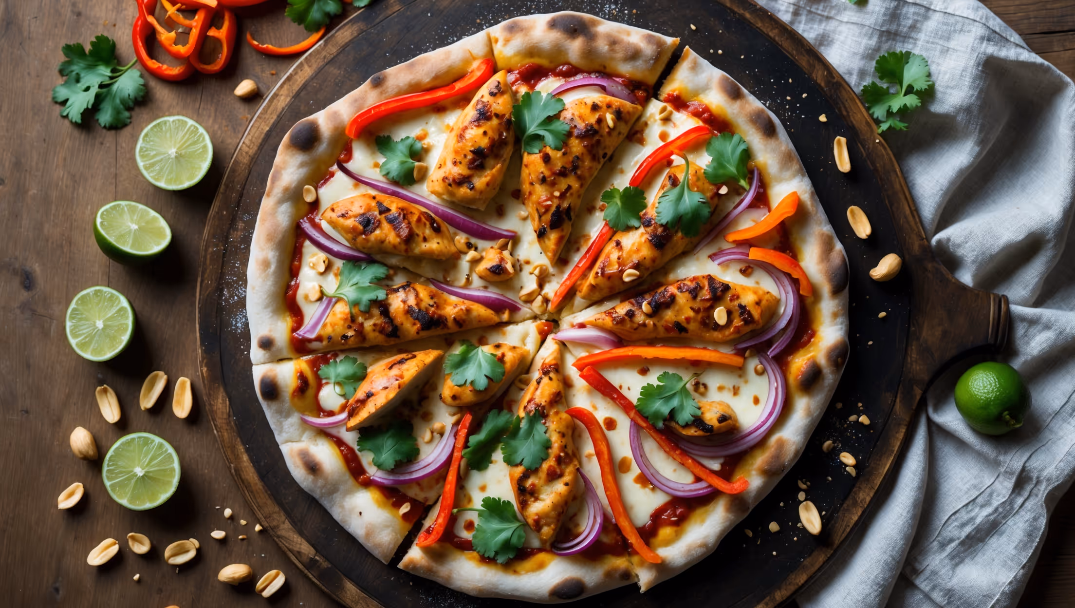An overhead shot showcases a perfectly baked Thai Chicken Pizza with a golden-brown crust visible around the edges. The pizza features vibrant colors: scattered pieces of tender grilled chicken, bright red bell pepper strips, purple red onions, julienned carrots, and fresh green cilantro leaves. Soft natural light highlights the melted mozzarella cheese interspersed with specks of spicy red chili flakes and a drizzle of peanut sauce. The pizza rests on a rustic wooden pizza peel with scattered crushed peanuts and lime wedges arranged artfully around the edges, creating a beautiful contrast against a neutral linen napkin.