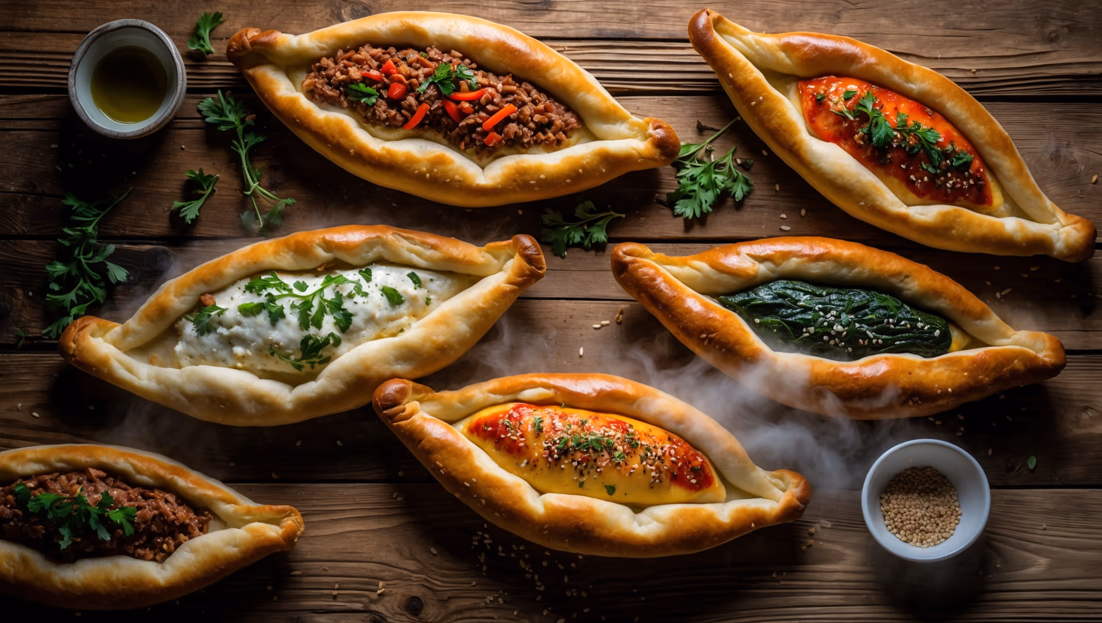 A wooden rustic table displays freshly baked boat-shaped Turkish pides captured from an overhead angle, showcasing their distinctive elongated form with turned-up edges. The golden-brown crusts glisten under warm directional light while various fillings – including minced meat with vibrant specks of red peppers, melted cheese with scattered herbs, and spinach with white feta – create colorful contrasts against the baked dough. Scattered fresh herbs, a small bowl of olive oil, and a sprinkle of sesame seeds accent the composition, while steam gently rises from a just-sliced pide, revealing its pillowy interior and savory filling.