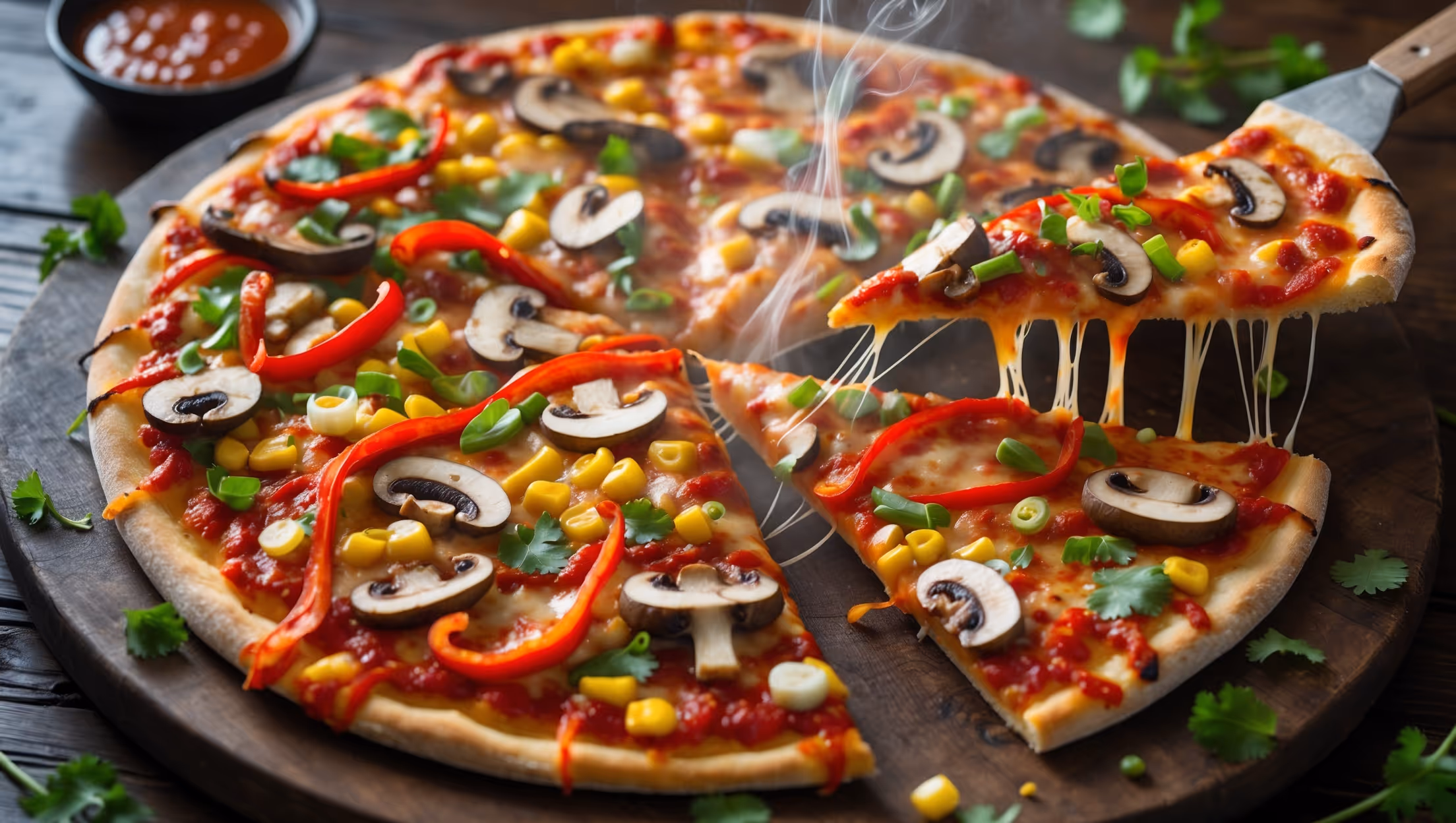 An overhead shot of a perfectly round Schezwan Veg Pizza with vibrant crimson sauce peeking through colorful vegetables, captured in warm natural light. The pizza displays an array of thinly sliced bell peppers, mushrooms, corn kernels and spring onions scattered across a bed of melted cheese marbled with fiery red Schezwan sauce. Steam gently rises from the just-sliced wedge being pulled away, revealing stretchy cheese strands and a light golden crust with puffed edges. The pizza rests on a rustic wooden board with scattered fresh coriander leaves and tiny bowls of extra Schezwan sauce, creating a striking contrast against the dark wooden backdrop.