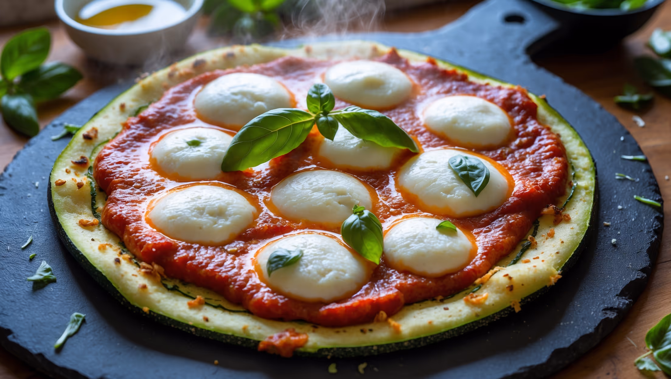 An overhead shot of a rustic Zucchini Crust Pizza on a dark stone pizza peel, with melted mozzarella bubbling over vibrant red tomato sauce and fresh basil leaves scattered on top. The distinctive green-speckled crust shows a golden, crispy edge while steam rises gently from the just-sliced wedges. Soft natural window light highlights the textural contrast between the crisped zucchini crust and the gooey cheese topping. In the background, a small bowl of extra virgin olive oil and scattered fresh herbs add context to the homemade, healthier pizza approach.