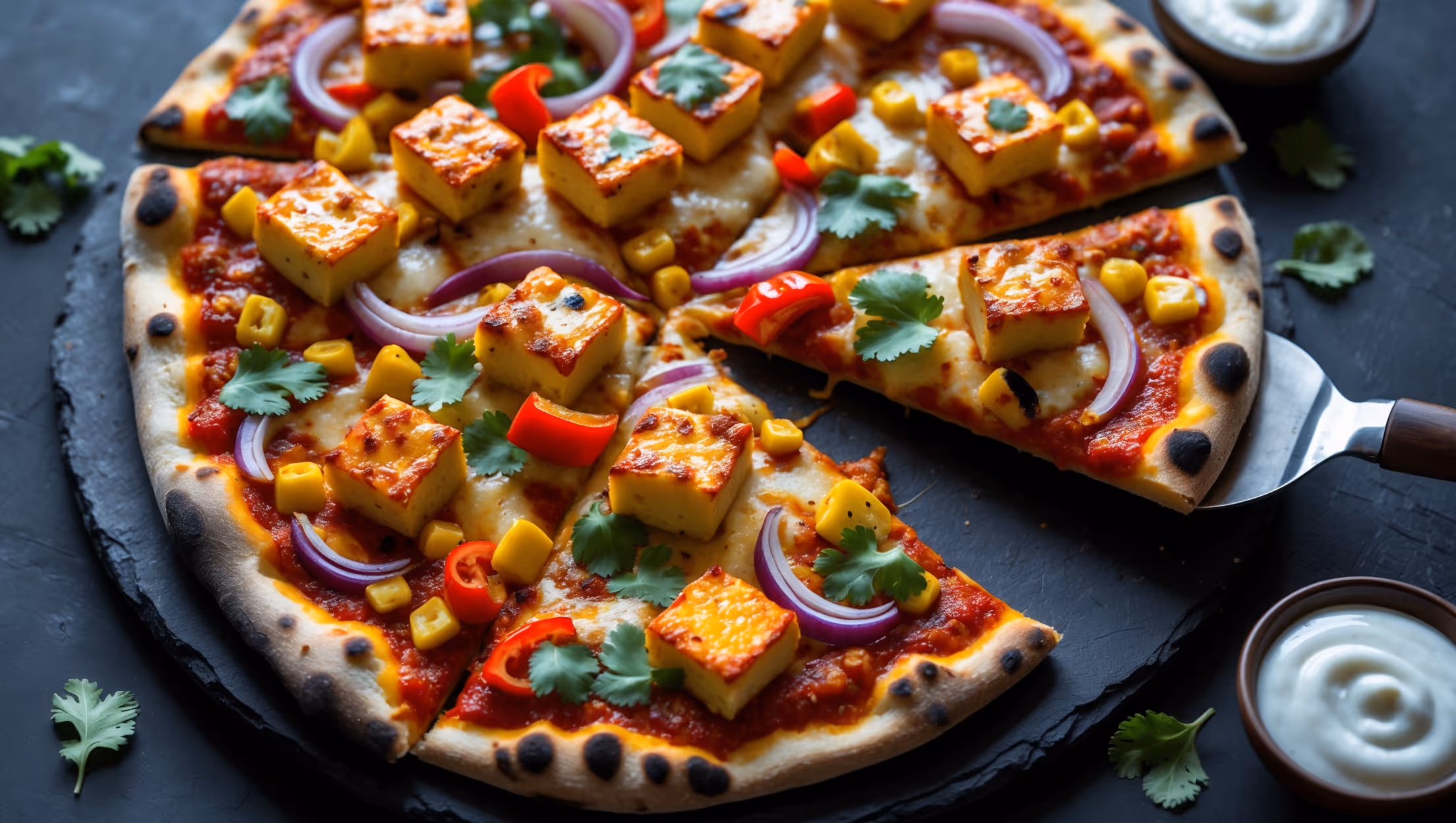 An overhead shot of a perfectly round Paneer Tikka Pizza with charred edges and a puffy, golden-brown crust. The pizza features vibrant orange-red tikka sauce base topped with cubes of paneer with visible grill marks, scattered with bright green bell peppers, red onion slivers, and yellow corn kernels. Soft natural light highlights the melted cheese pulling as one slice is being lifted. A sprinkle of fresh cilantro adds pops of green against the mosaic of roasted vegetables. The pizza is served on a rustic wooden board with small bowls of extra tikka sauce and yogurt dip alongside, creating a stunning contrast against the dark slate surface.