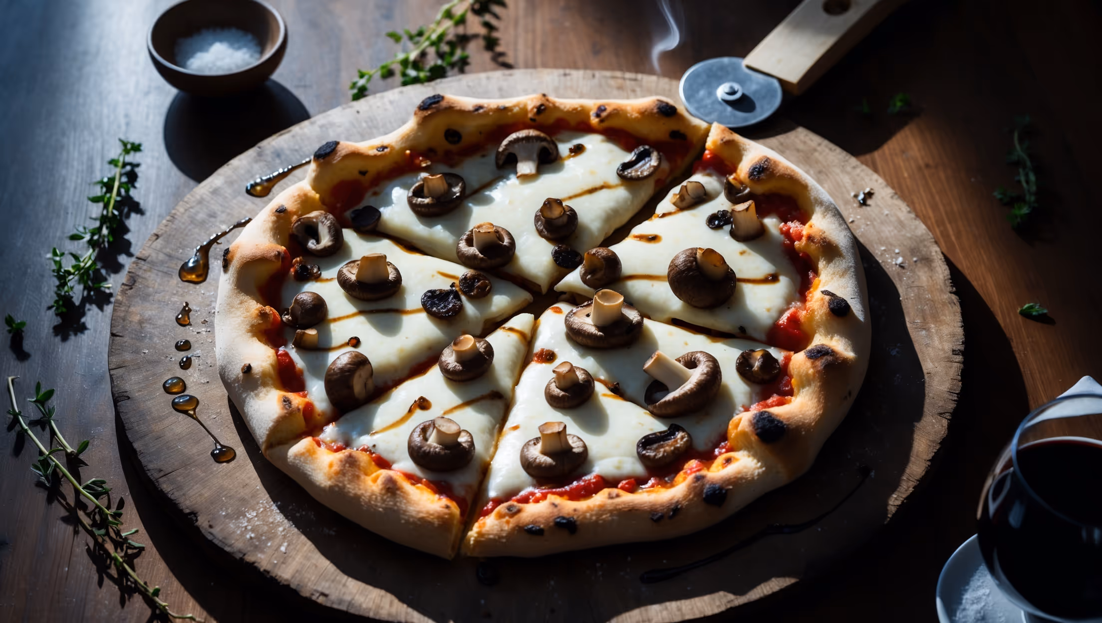 An overhead shot of a perfectly round Truffle Mushroom Pizza resting on a rustic wooden pizza peel. Golden-brown crust edges frame a canvas of melted mozzarella dotted with caramelized wild mushrooms in varying shades of brown. Drizzles of truffle oil catch the soft natural light, creating glistening trails across the surface. Deep shadows highlight the textured crust while steam rises gently from the just-baked pie. In the background, scattered fresh thyme sprigs, a small bowl of sea salt, and a half-empty glass of red wine suggest an intimate dinner setting. A pizza cutter rests nearby, ready to slice through the crisp base to reveal the perfectly cooked, chewy interior.
