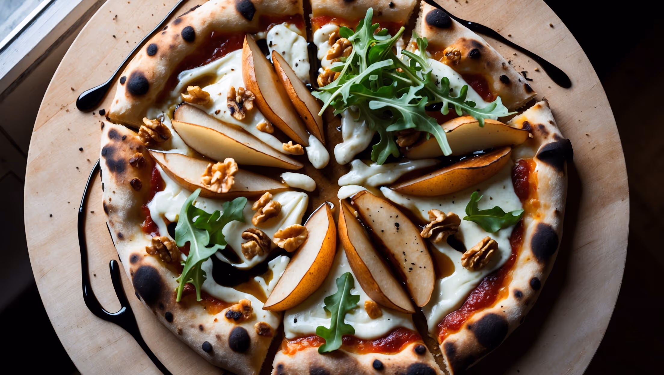 An overhead shot of a rustic round pizza on a wooden serving board, showcasing golden-brown crust with charred edges. The pizza surface features thin slices of caramelized pears glistening with honey, splotches of melted Gorgonzola creating creamy pools, and scattered walnuts providing textural contrast. Torn fresh arugula adds vibrant green pops against the warm tones of the pizza. A light dusting of cracked black pepper is visible, while soft natural window light highlights the bubbling cheese and creates subtle shadows that emphasize the pizza's texture. A drizzle of balsamic glaze creates artistic dark lines across portions of the surface.