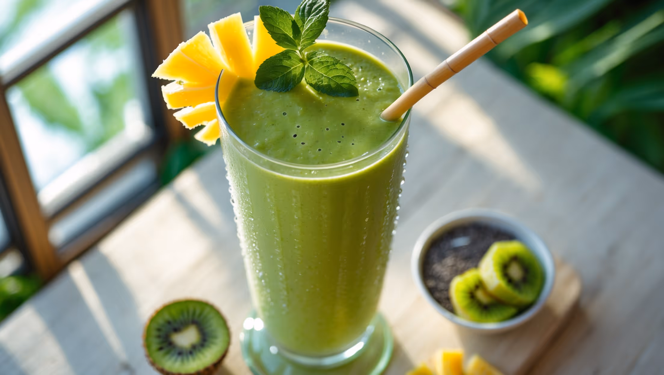 An overhead shot of a tall hurricane glass filled with a brilliant green smoothie, the surface garnished with a pinwheel of fresh pineapple and a sprig of mint catching natural morning light streaming through windows. The smooth, velvety texture shows tiny flecks of spinach and matcha against the creamy base. Condensation beads form on the glass, suggesting refreshing coolness. A bamboo straw stands at attention while a small bowl of chia seeds and sliced kiwi sits nearby, hinting at the nutritious ingredients within. The scene is set on a light wooden surface with tropical foliage in soft focus in the background.