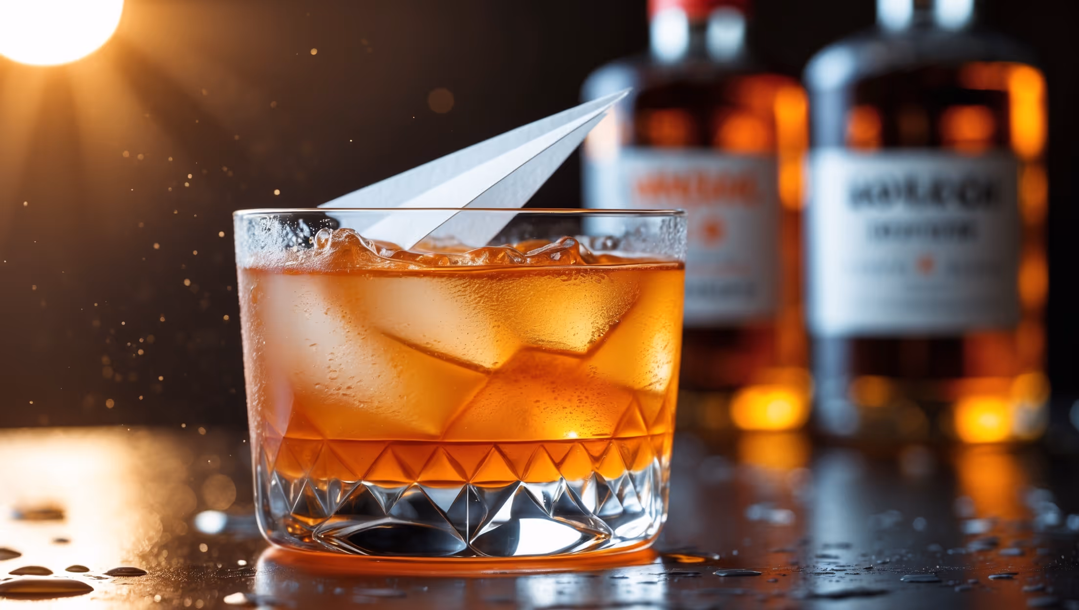 A crystal coupe glass captures a vibrant amber-orange Paper Plane cocktail photographed from a 45-degree angle, showcasing its silky texture against dramatic backlighting. Golden hour light illuminates the edges of the liquid, highlighting its translucent quality while creating warm reflections in the premium glassware. A simple paper plane garnish rests on the rim, its crisp white edges contrasting against the drink's rich color. Droplets of condensation cling to the outside of the glass, suggesting refreshing coldness, while the background features blurred amber bottles of bourbon, Aperol, and Amaro Nonino - hinting at the equal-parts composition that creates this perfectly balanced cocktail.