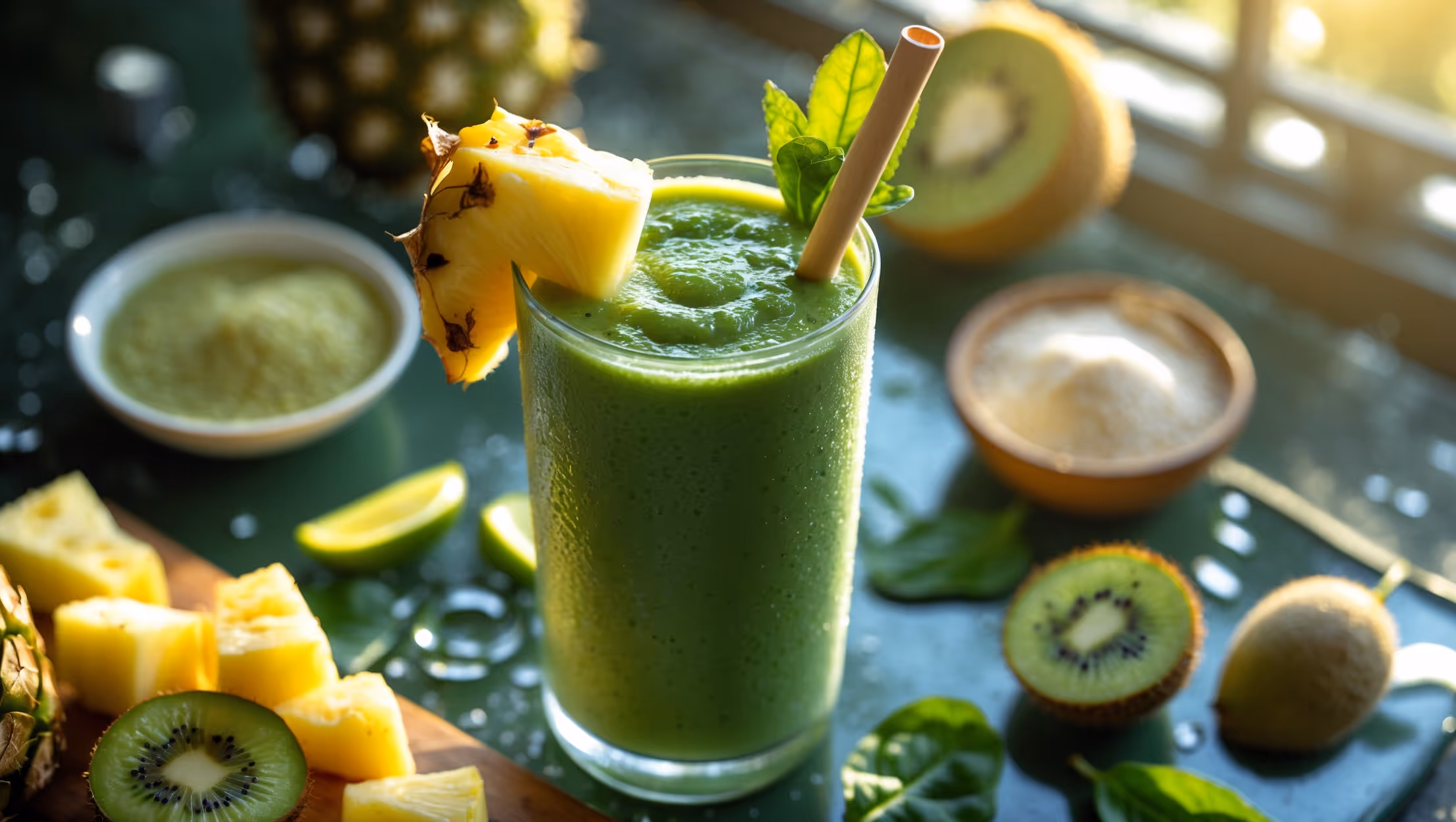An overhead shot of a tall, frosted glass filled with a vibrant green smoothie, its texture rich and creamy with small flecks of spinach visible throughout. Golden morning sunlight streams across the scene, highlighting condensation beads on the glass. A wooden paddle straw stands in the drink, surrounded by the recipe's fresh ingredients artfully scattered nearby: chunks of pineapple, slices of kiwi, a halved lime, and fresh spinach leaves. A small bowl of protein powder sits in soft focus in the background. The smoothie's surface is garnished with a pineapple wedge and mint sprig, creating a striking color contrast against the emerald green base.