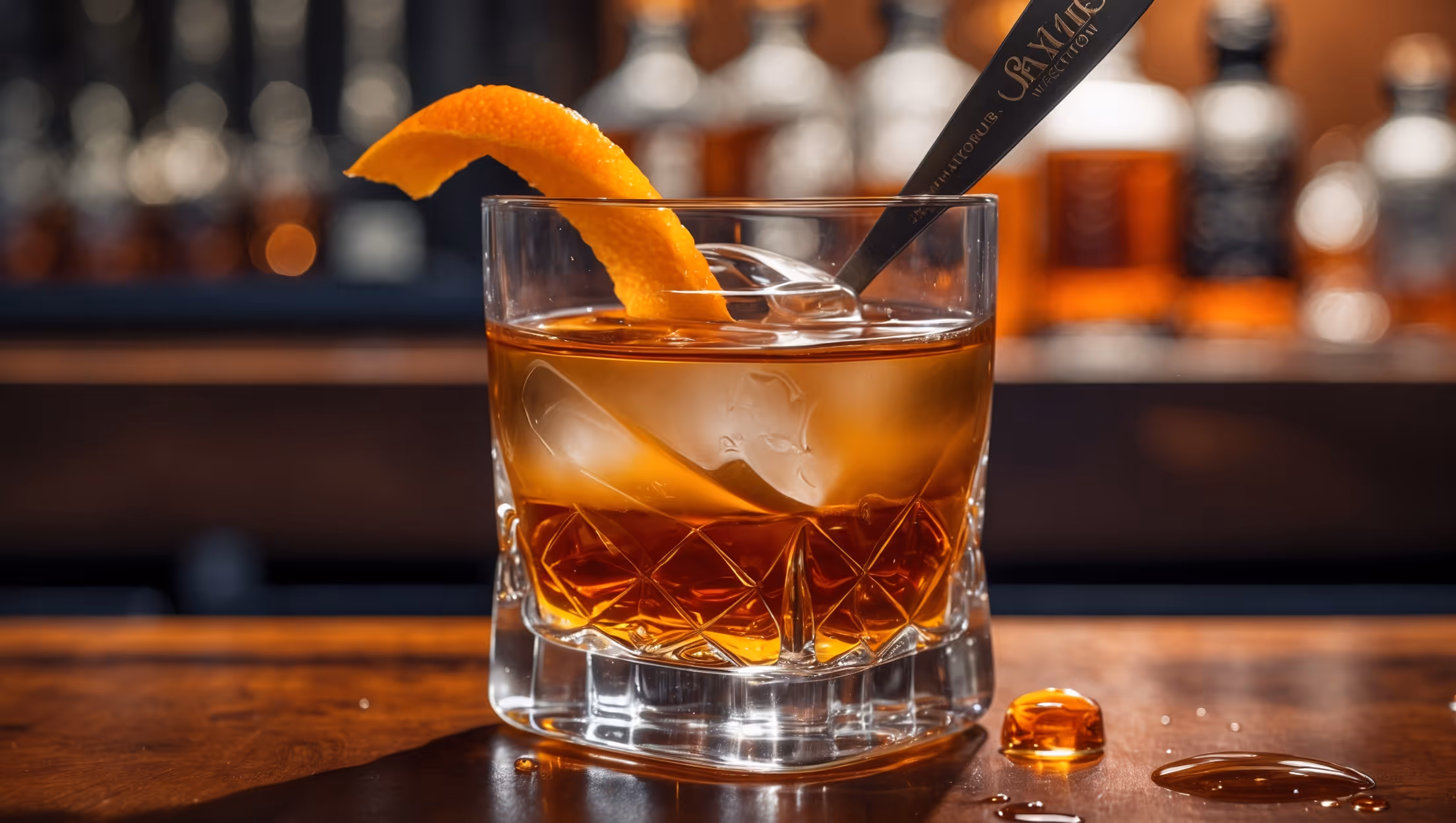 A close-up shot of an Old Fashioned in a weighty rocks glass, capturing the amber-hued whiskey glowing under warm, soft bar lighting. The drink sits atop a hand-cut clear ice cube that refracts light through the spirit. A fresh orange twist rests elegantly on the rim, with a few drops of aromatic oil visibly dancing on the surface. Subtle wood textures from a mahogany bar complement the rich caramel tones of the bourbon, while the careful placement of a branded mixing spoon suggests craftsmanship and attention to detail.
