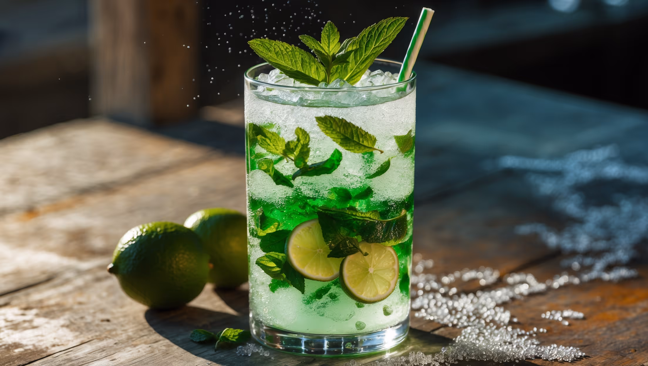 A tall, crystal-clear highball glass showcases layers of vibrant green muddled mint leaves intermingled with fresh lime wedges and crushed ice, all topped with a fizzy soda that creates tiny effervescent bubbles rising to the surface. The glass is frosted with condensation, catching the warm afternoon sunlight that highlights the drink's bright, pale green hue. A generous mint sprig garnish dramatically erupts from the top, while a paper straw with green stripes stands at attention. The cocktail sits on a weathered wooden bar surface beside fresh limes and a scattered trail of raw sugar crystals, emphasizing its handcrafted, tropical appeal.