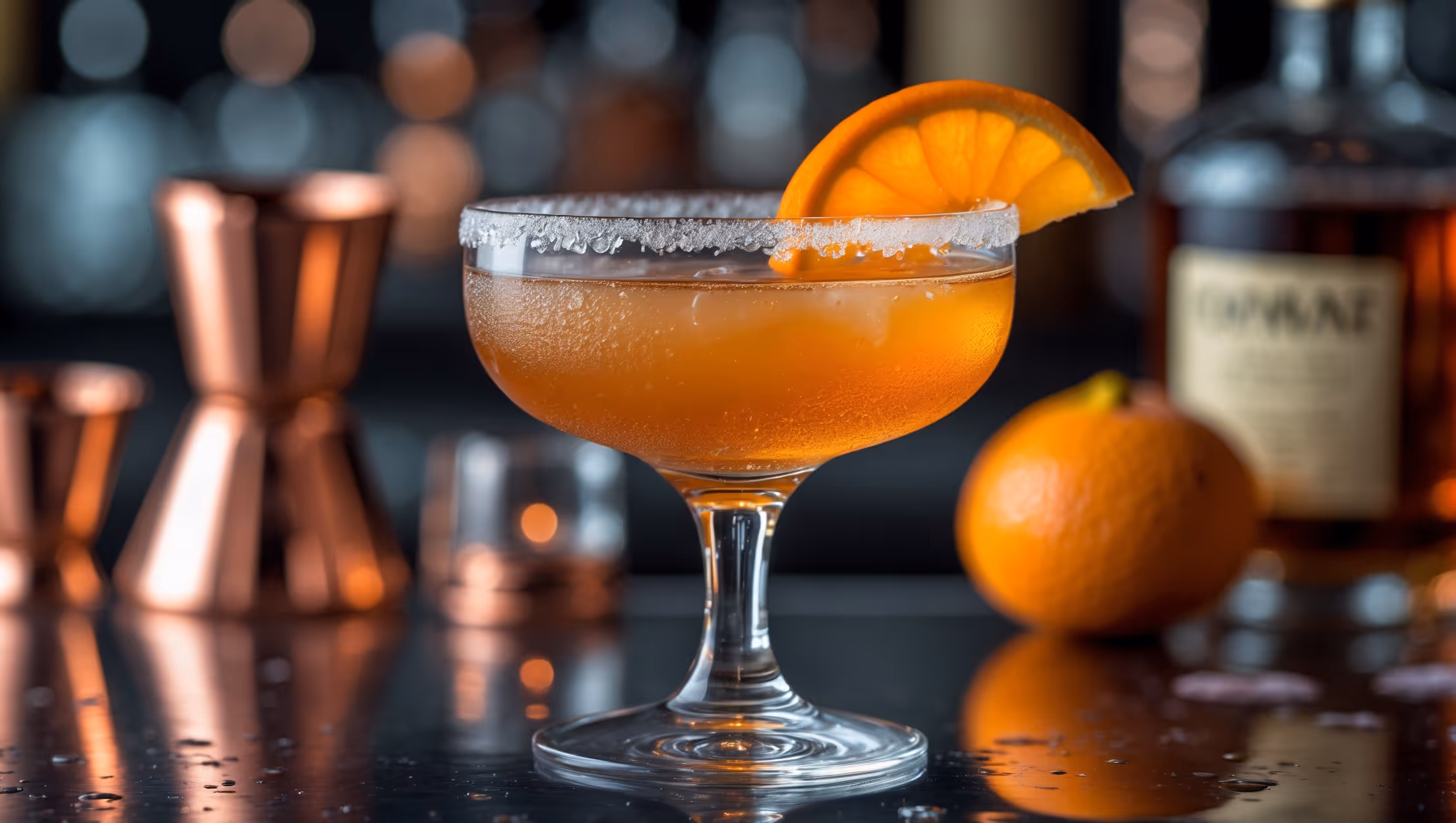 A crystal coupe glass holds the amber-gold Sidecar cocktail, photographed from a 45-degree angle showcasing its sugar-rimmed edge catching warm bar lighting. A delicate orange twist floats on the surface, while droplets of condensation bead on the outside of the glass suggesting perfect temperature. The cocktail's rich cognac tones transition into lighter hues where the citrus brightens the mixture. The backdrop features blurred copper bar tools and a vintage cognac bottle, enhancing the classic, timeless nature of this elegant brandy sour.