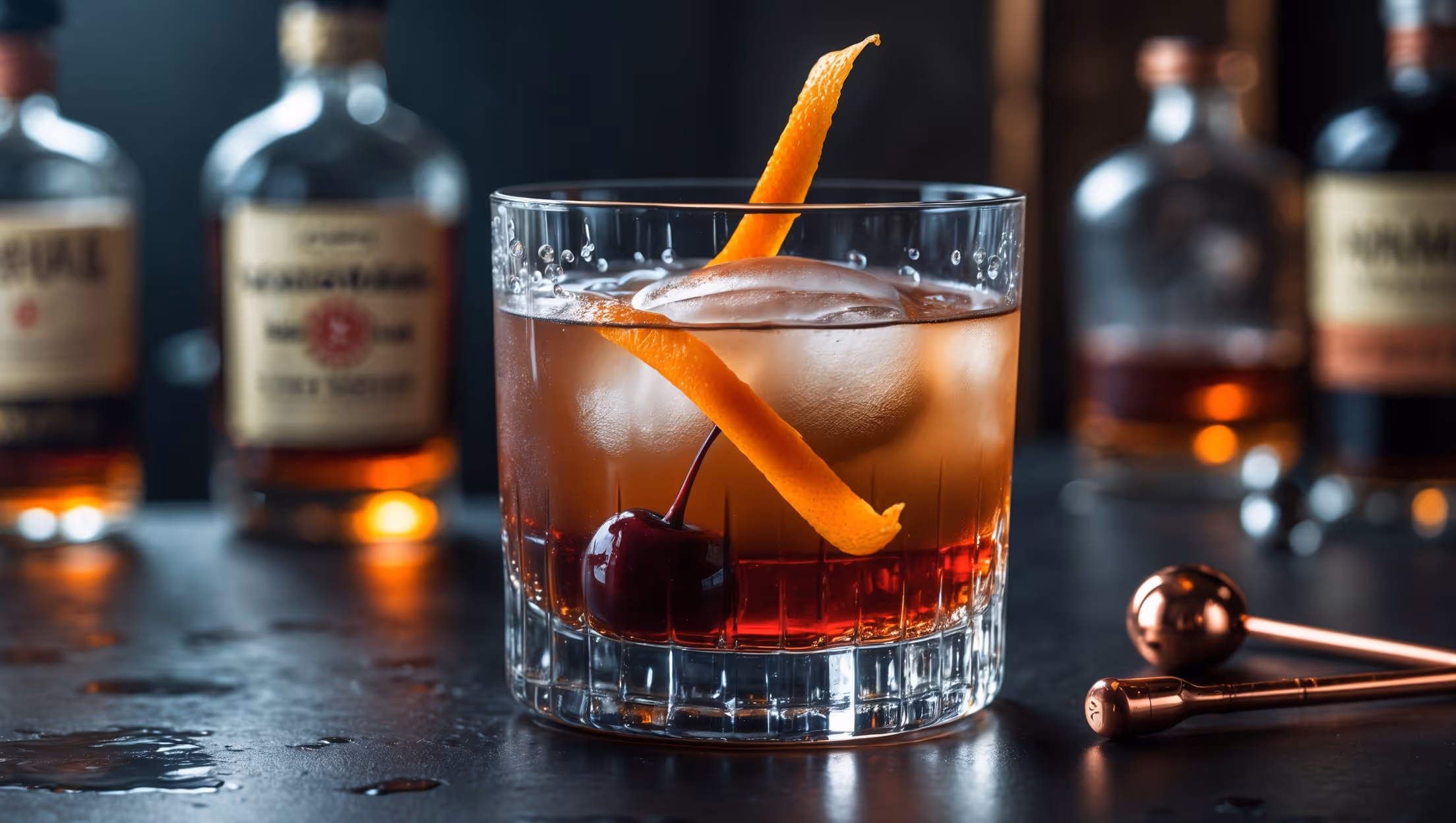 A crystal-clear rocks glass showcases a deep amber Manhattan, with light catching its edges to reveal rich ruby tints. The cocktail sits atop a single large ice sphere, with a thin ribbon of expressed orange peel and a bourbon-soaked cherry resting at the bottom. Background features a moody bar setting with bottles of rye, bourbon, and vermouths slightly blurred, while dramatic side lighting accentuates the silky texture and glossy surface of the drink. Condensation beads on the exterior of the glass suggest perfect temperature, with copper bar tools subtly positioned nearby.