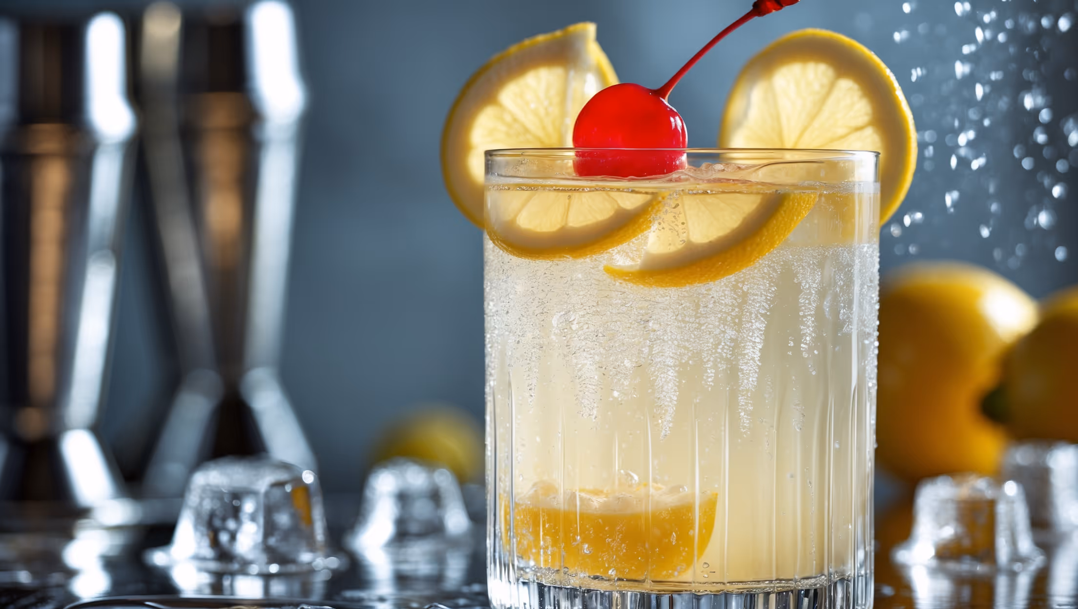 A tall, slender Collins glass showcases layers of crystal-clear gin mingling with bubbling soda water, catching the light to reveal delicate streams of effervescence rising upward. Slices of fresh lemon perch on the rim alongside a vibrant maraschino cherry, providing striking color contrast against the pale straw-colored cocktail. Ice cubes glisten with condensation under soft natural light, while tiny droplets form on the exterior of the glass, suggesting refreshing coldness. The backdrop features polished bar tools and perhaps a glimpse of fresh lemons, emphasizing the cocktail's fresh, classic appeal.