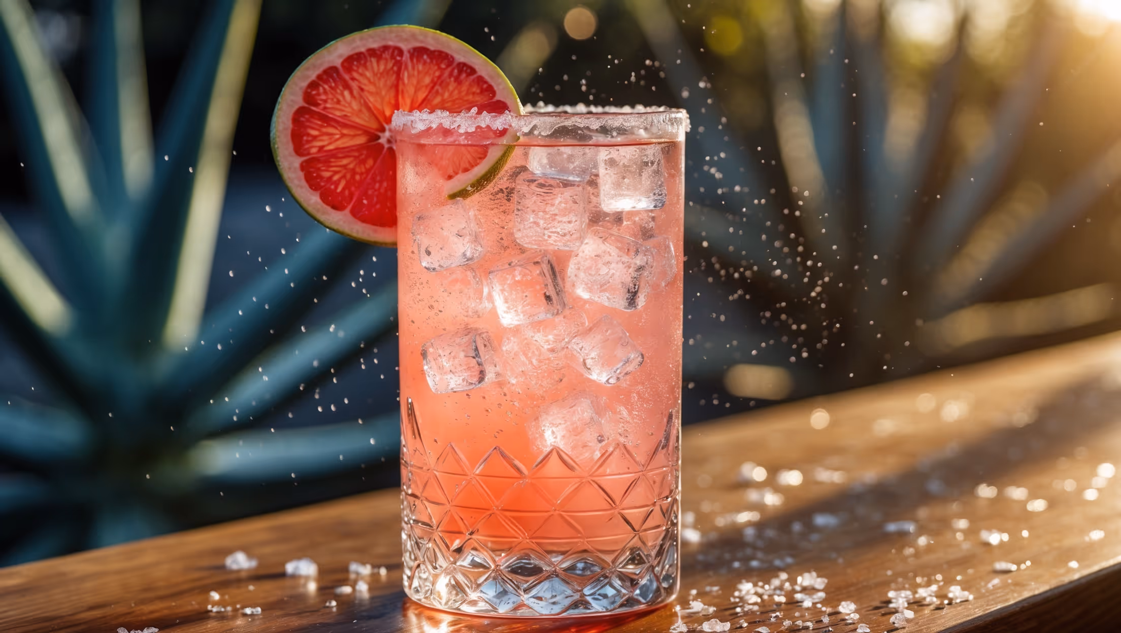 A crystal highball glass filled with a blushing pink-coral cocktail, ice catching the golden afternoon light. Tiny bubbles rise through the liquid, creating a gentle effervescence. The rim is partially salted with delicate flakes of sea salt, while a plump wedge of ruby red grapefruit and lime perch on the edge. Condensation beads on the outside of the glass, suggesting refreshing coolness. The background shows blurred agave plants, suggesting the drink's Mexican heritage, while the natural wood bar surface adds rustic warmth to contrast with the vibrant cocktail.