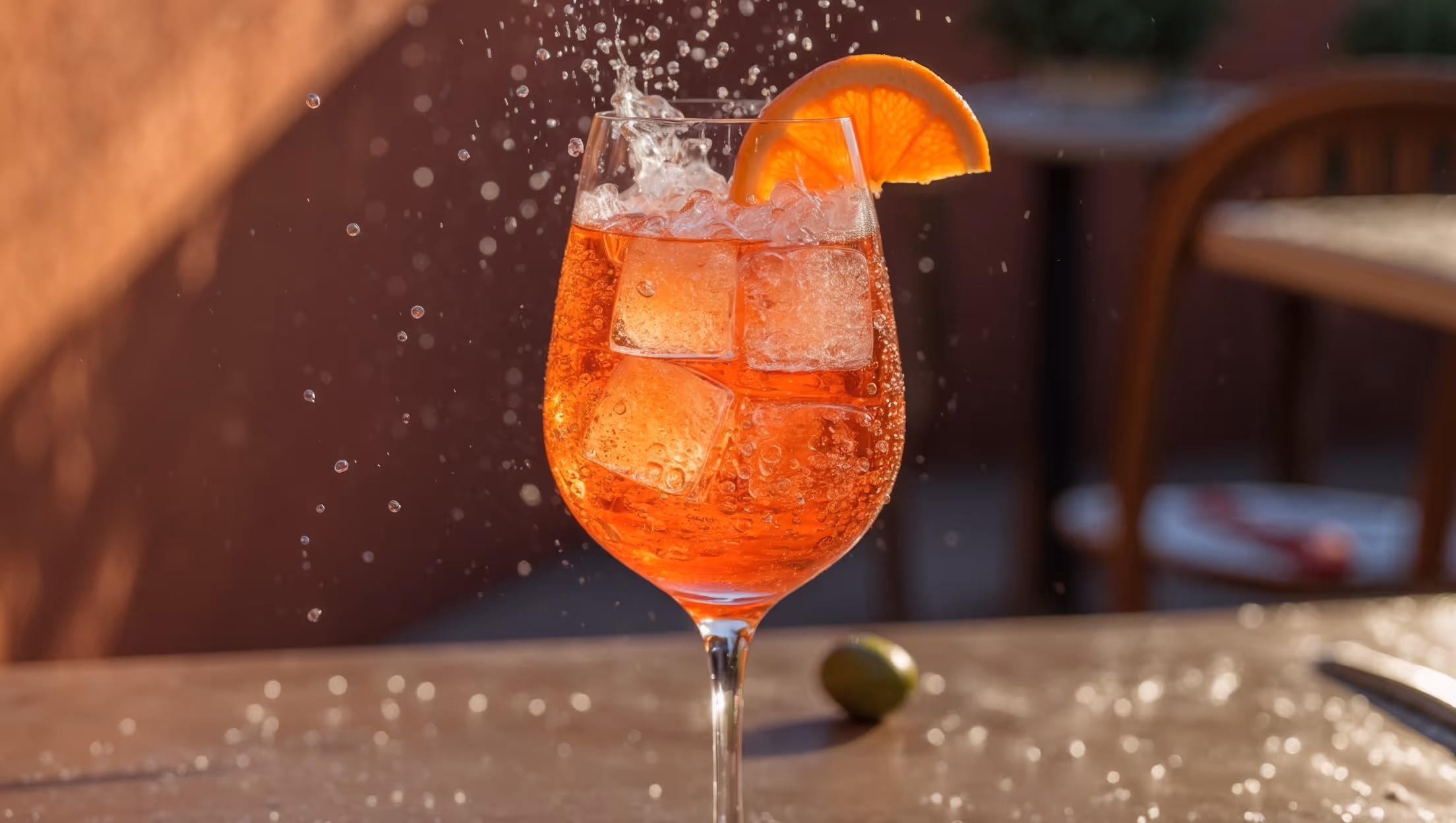 An elegant wine glass filled with the signature coral-orange Aperol Spritz, capturing the drink's vivid sunset hue under soft afternoon light. Ice cubes glisten as they catch the light, with bubbles actively rising through the translucent liquid. A plump orange slice perches on the rim, while a green olive nestles at the bottom. Condensation beads on the outside of the glass, suggesting refreshing coldness. The scene is set against a terracotta-colored Italian restaurant backdrop, with dappled sunshine creating the perfect Mediterranean ambiance for this quintessential Italian aperitivo.