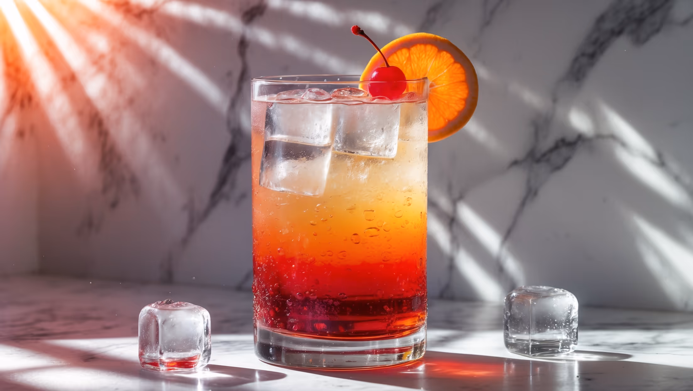 A tall highball glass reveals dramatic red-to-orange gradient layers resembling a sunset, with the vibrant crimson grenadine pooled at the bottom transitioning into amber tequila and glowing orange juice. Morning sunlight streams across white marble, highlighting condensation droplets on the crystal-clear glass. A juicy orange slice and maraschino cherry garnish rest on the rim, casting delicate shadows. Ice cubes catch the light, creating prism-like reflections through the drink's sunrise gradient. The scene suggests tropical relaxation, with the cocktail's vivid colors promising sweet citrus refreshment balanced by silver tequila's crisp bite.