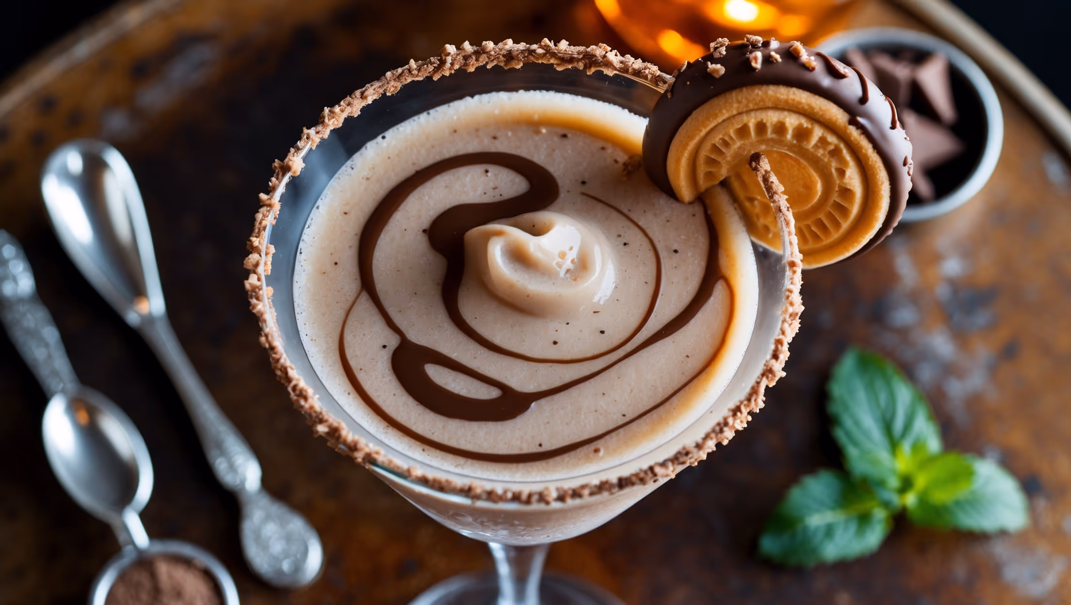 Overhead shot of a frosted martini glass filled with a creamy, coffee-colored frozen concoction, its surface swirled with chocolate syrup drizzles. A close-up reveals the luxurious texture—somewhere between milkshake and frozen cocktail—with tiny ice crystals catching the warm, amber bar lighting. The glass rim is adorned with a delicate chocolate and crushed cookie coating that complements the cocktail's creamy complexion. A chocolate-dipped pirouette cookie and fresh mint sprig lean against the glass, creating an elegant vertical element. The setup includes vintage silver cocktail tools and a small dish of chocolate shavings, all arranged on a distressed wooden surface that enhances the drink's rich brown tones.